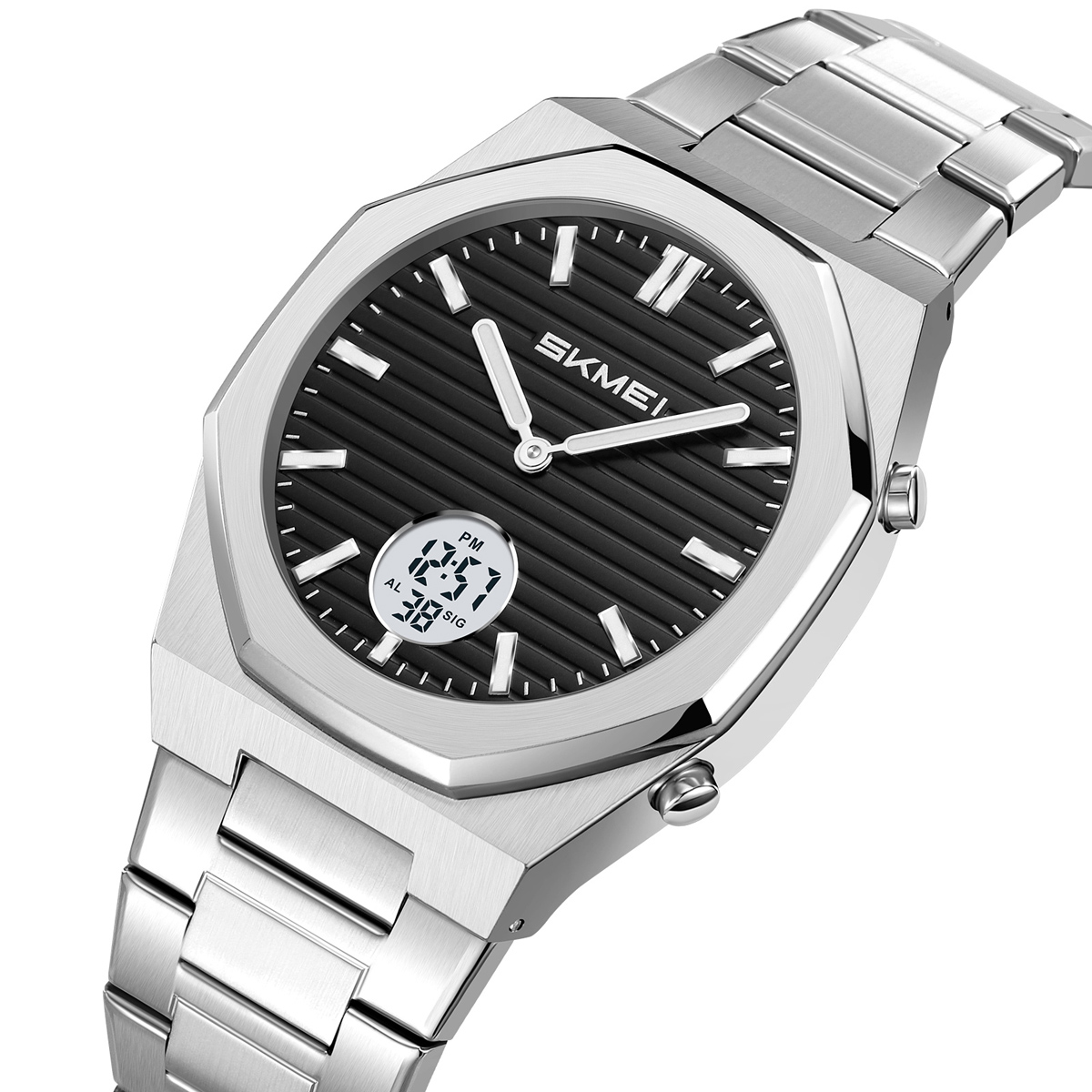 SKMEI2703 Octagon Stainless Steel Analog Digital Business Wristwatch