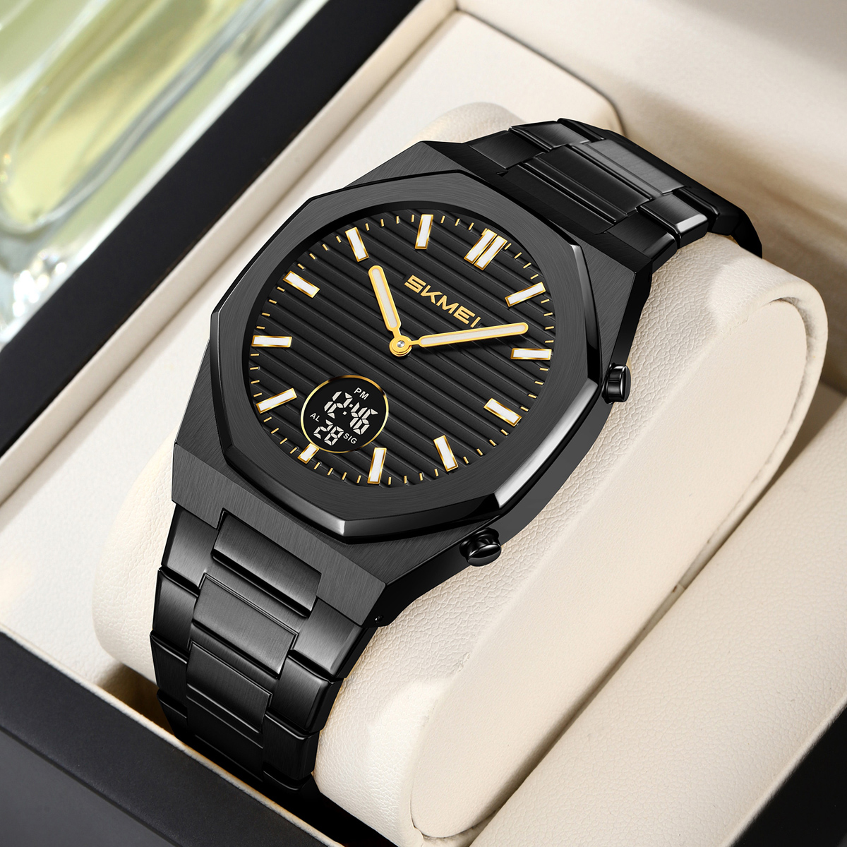 SKMEI2703 Octagon Stainless Steel Analog Digital Business Wristwatch