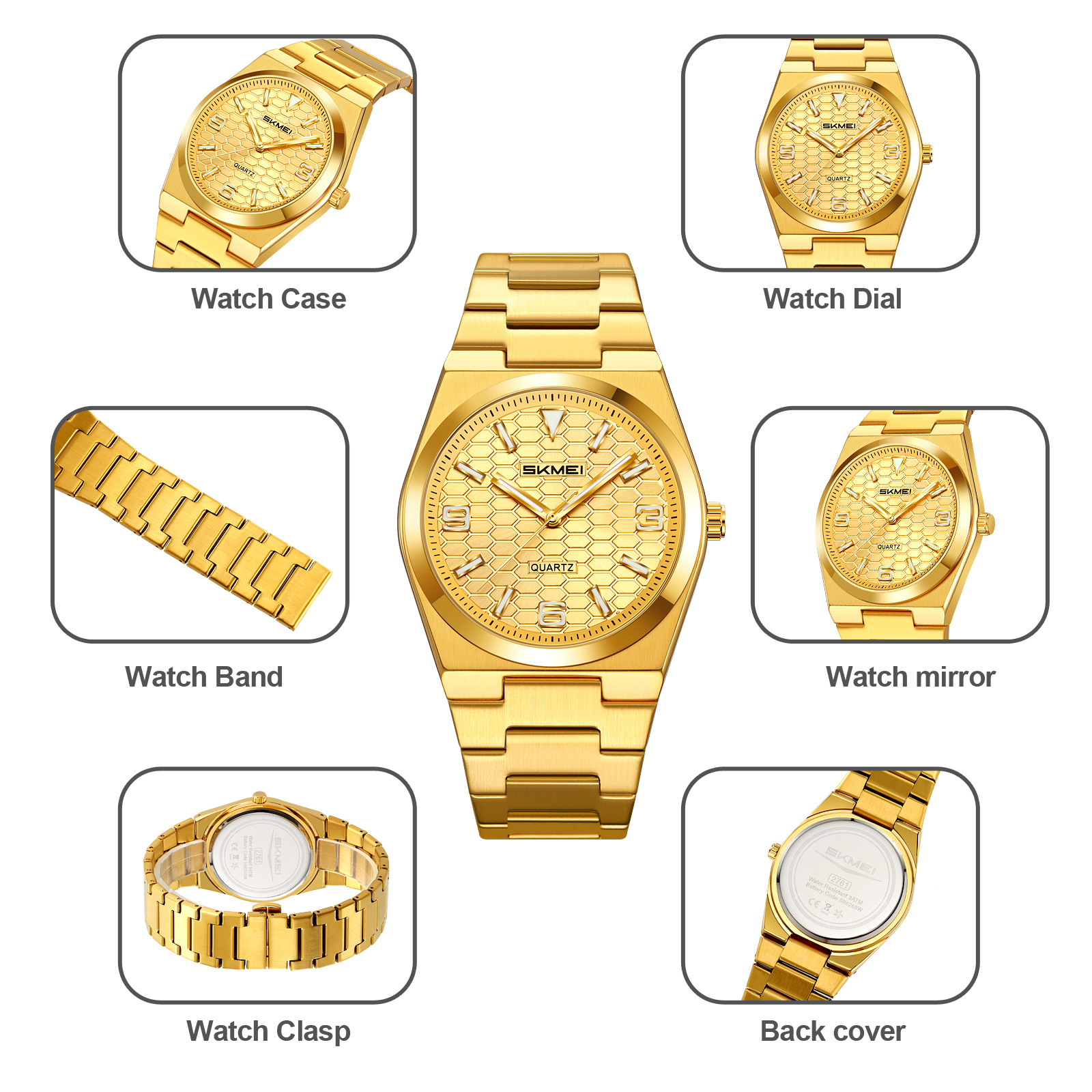 2761 SKMEI Men Honeycomb Dial Stainless Steel Wrist Watch