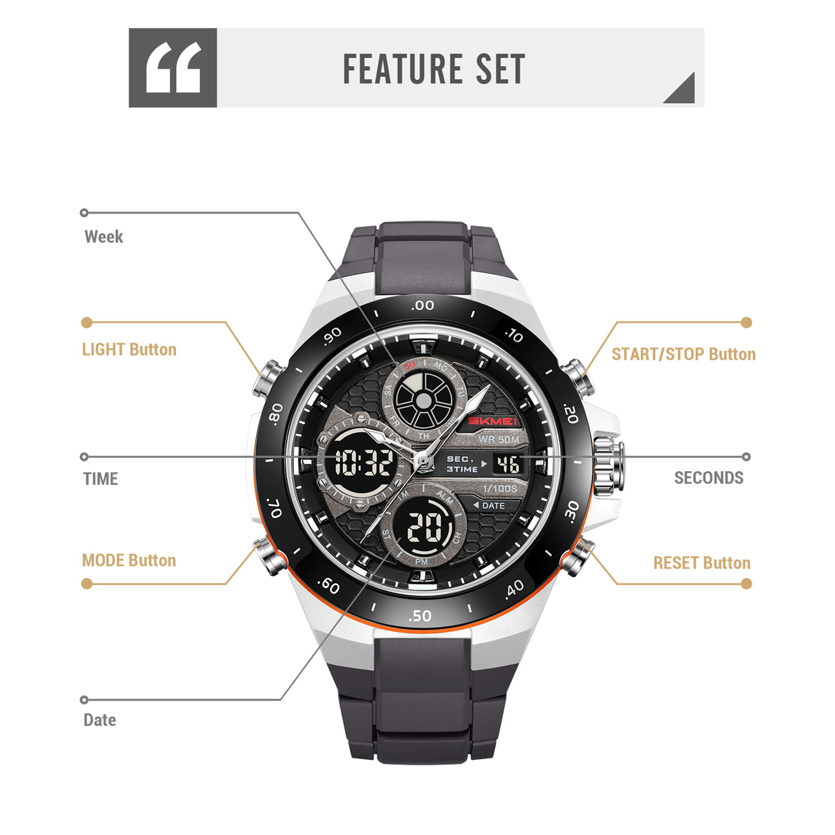SKMEI 2808 Dual Display Sport Watch 50M Waterproof