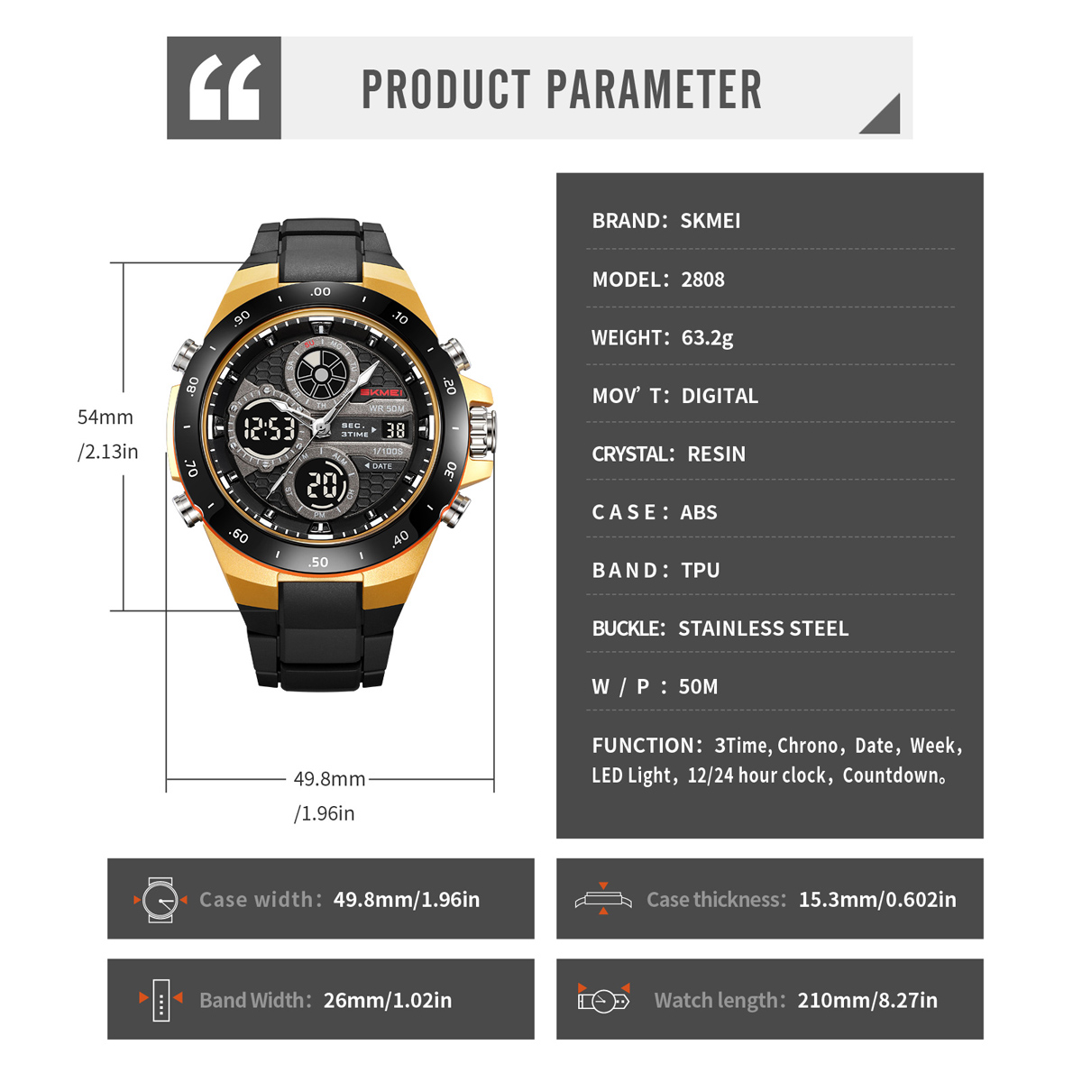 SKMEI 2808 Dual Display Sport Watch 50M Waterproof