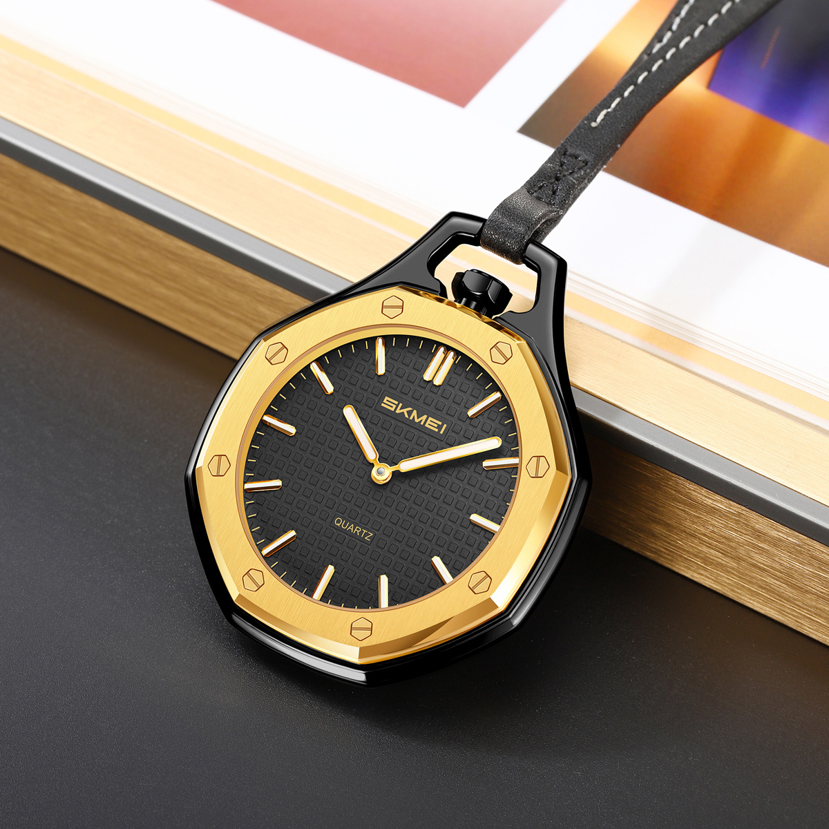 SKMEI 2865 Octagonal Analog Pocket Watch Necklace with Leather Lanyard