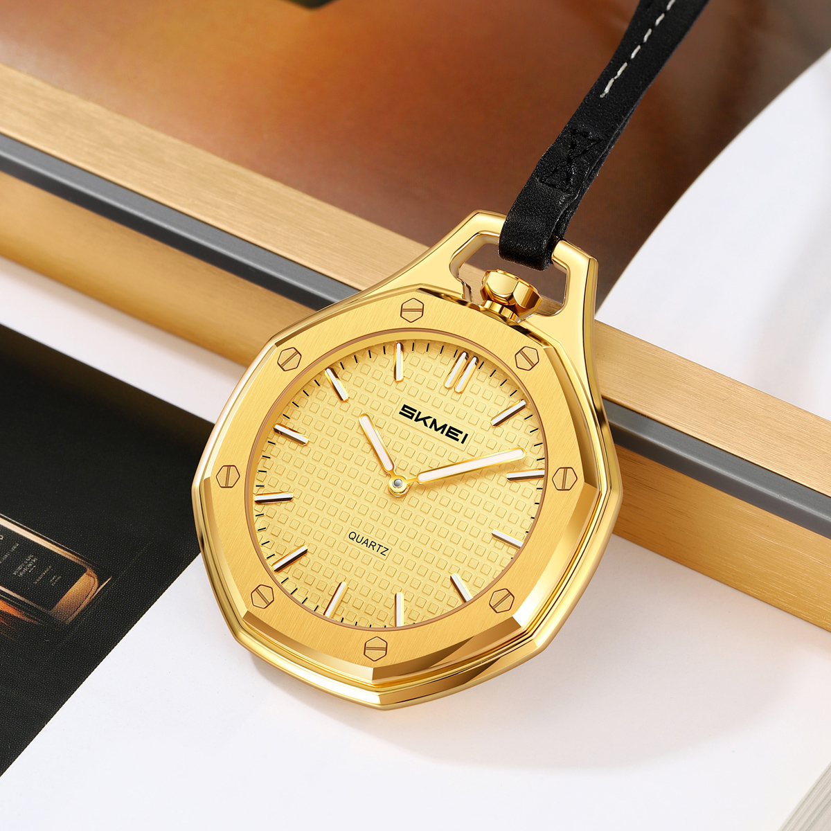 SKMEI 2865 Octagonal Analog Pocket Watch Necklace with Leather Lanyard