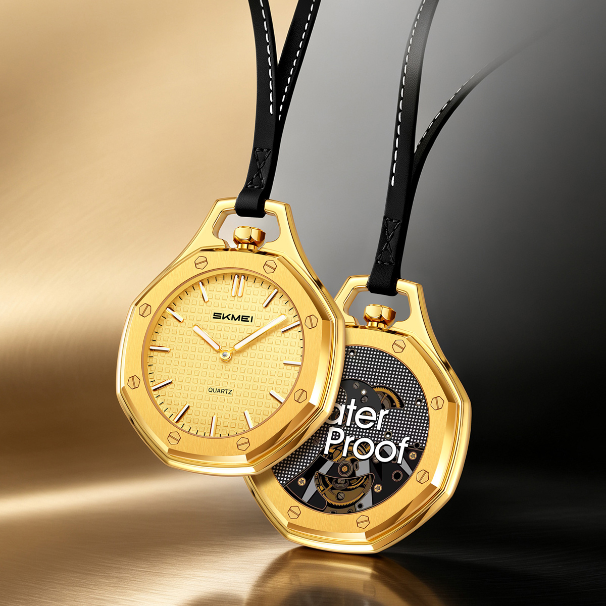 SKMEI 2865 Octagonal Analog Pocket Watch Necklace with Leather Lanyard