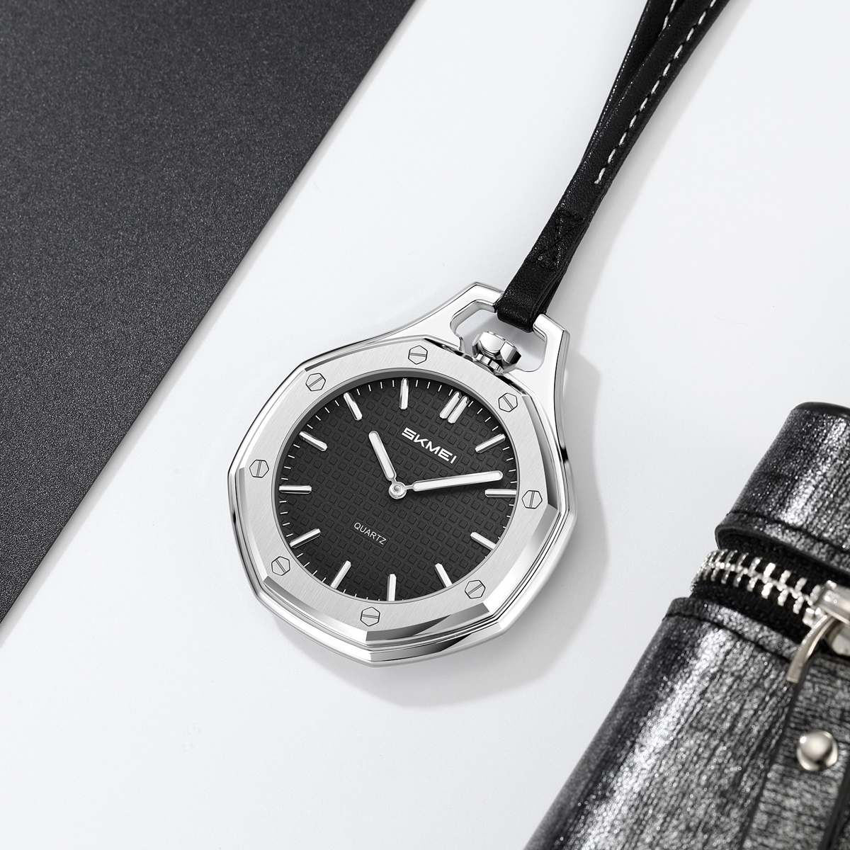SKMEI 2865 Octagonal Analog Pocket Watch Necklace with Leather Lanyard