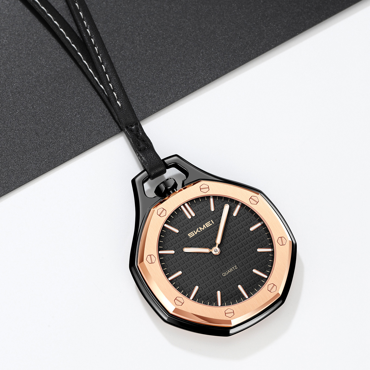 SKMEI 2865 Octagonal Analog Pocket Watch Necklace with Leather Lanyard