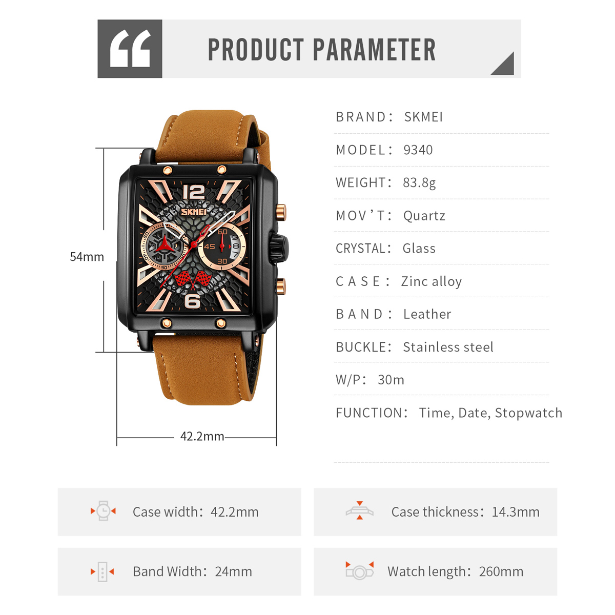 SKMEI 9340 OEM Men's Waterproof Square Quartz Watch