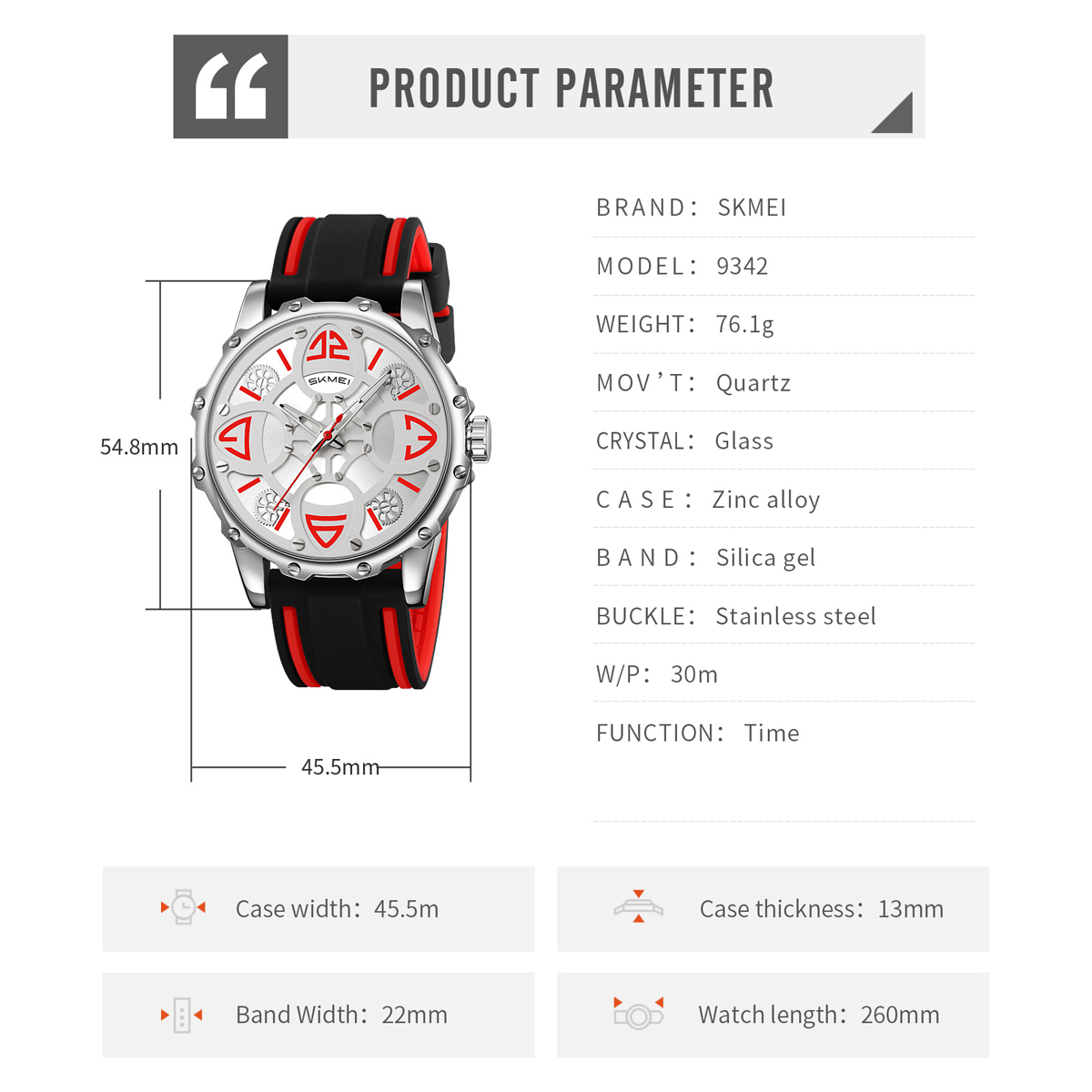 SKMEI 9342 Men's Quartz Watch Silicone Strap Waterproof Custom Logo