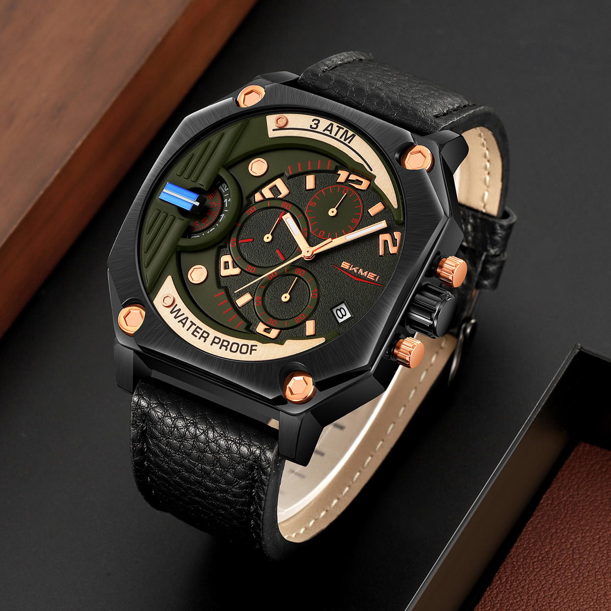 SKMEI 9343 Men Unique Design Big Dial Watch Leather Strap