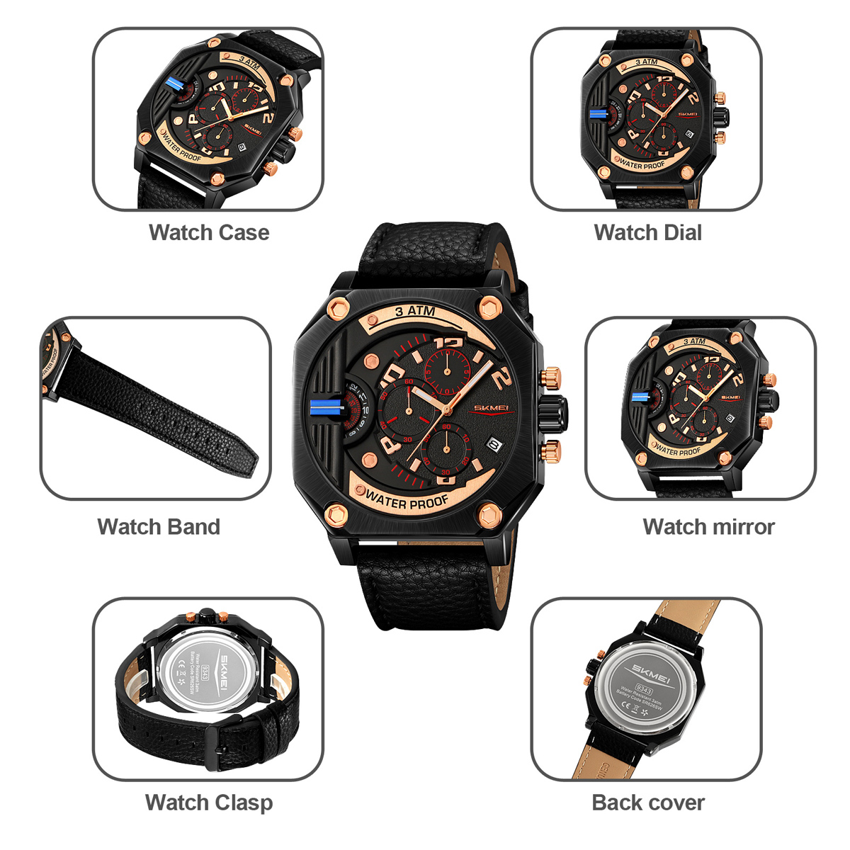 SKMEI 9343 Men Unique Design Big Dial Watch Leather Strap