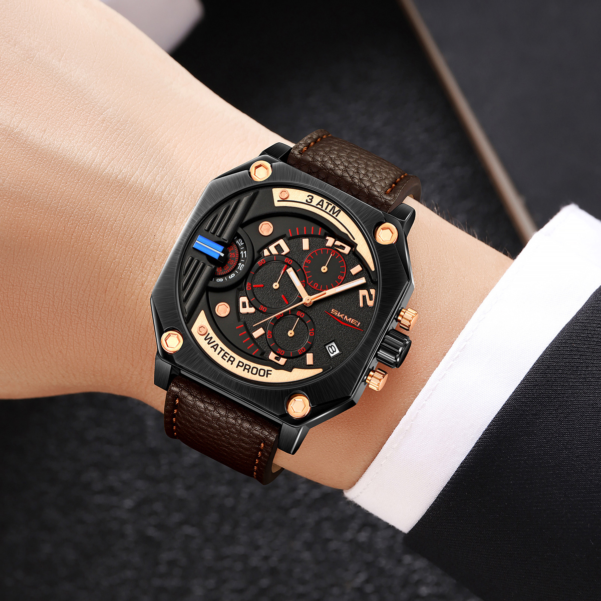 SKMEI 9343 Men Unique Design Big Dial Watch Leather Strap