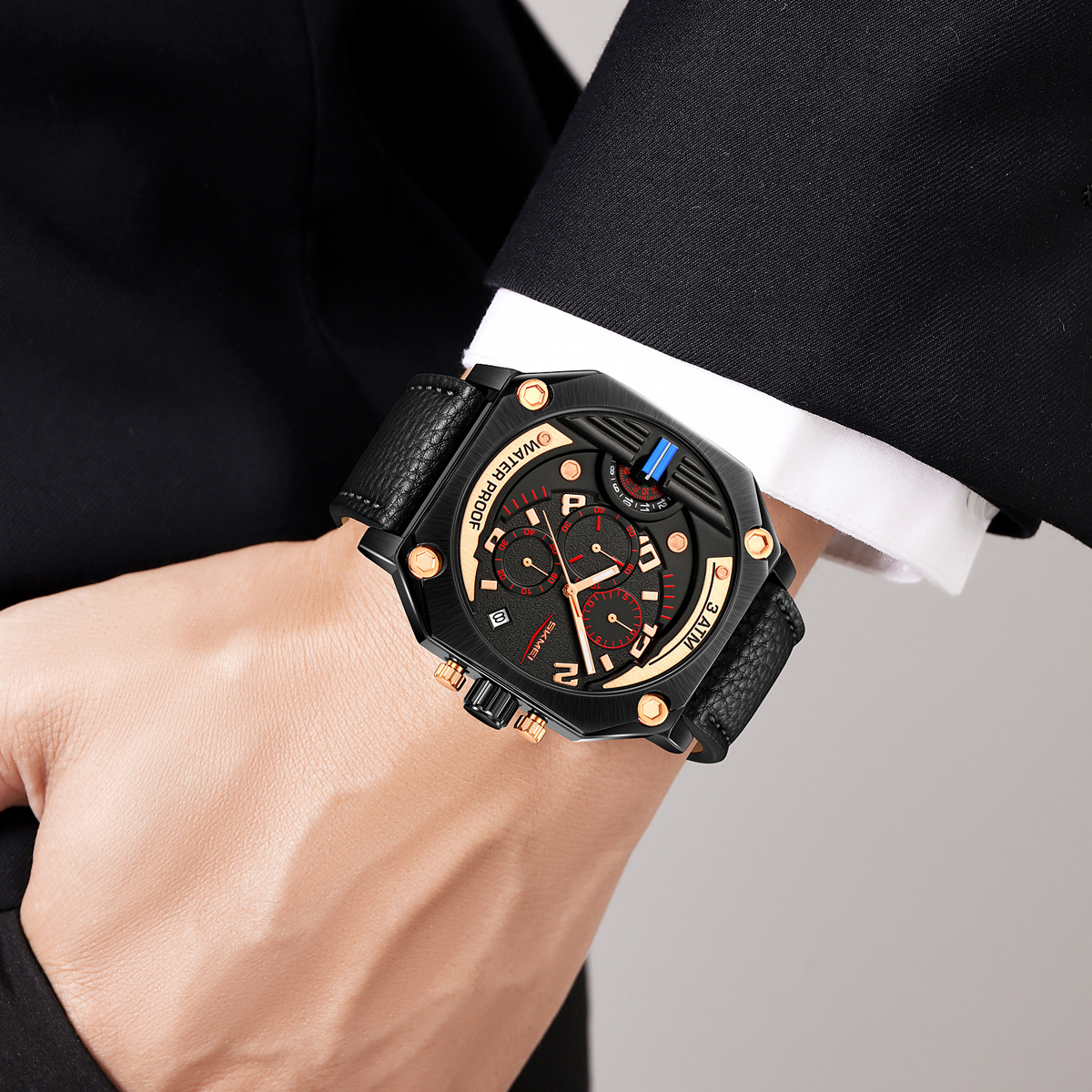 SKMEI 9343 Men Unique Design Big Dial Watch Leather Strap