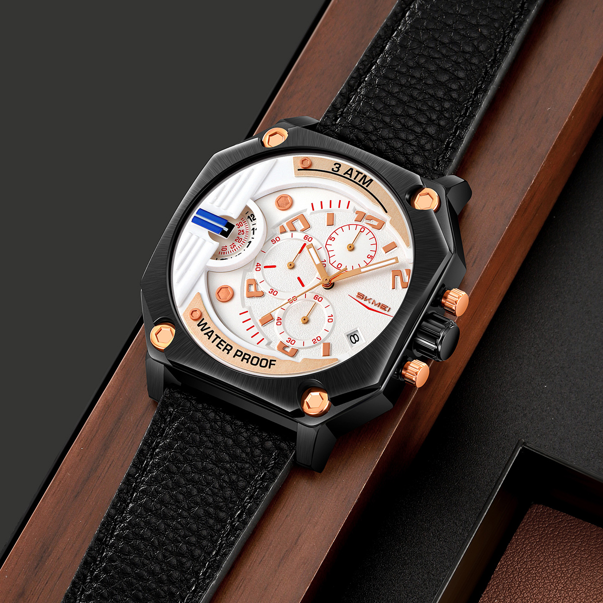 SKMEI 9343 Men Unique Design Big Dial Watch Leather Strap
