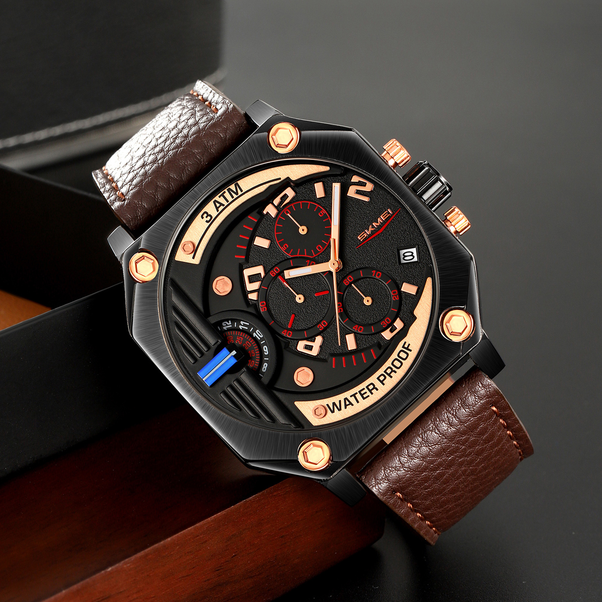 SKMEI 9343 Men Unique Design Big Dial Watch Leather Strap