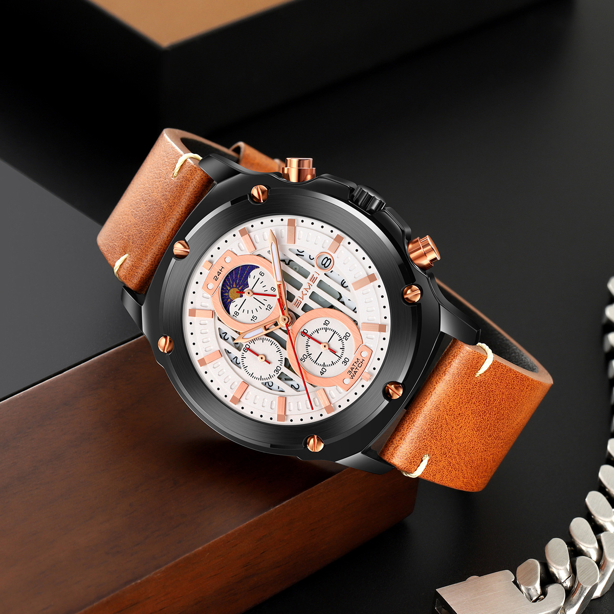 SKMEI 9351 Men's Multi-Function Quartz Watch Leather Strap 