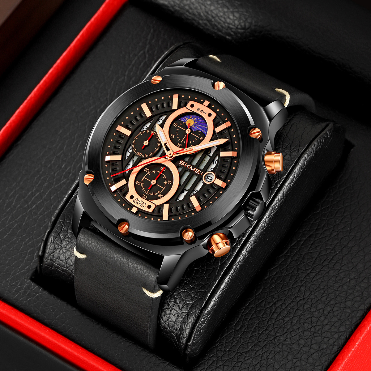 SKMEI 9351 Men's Multi-Function Quartz Watch Leather Strap 