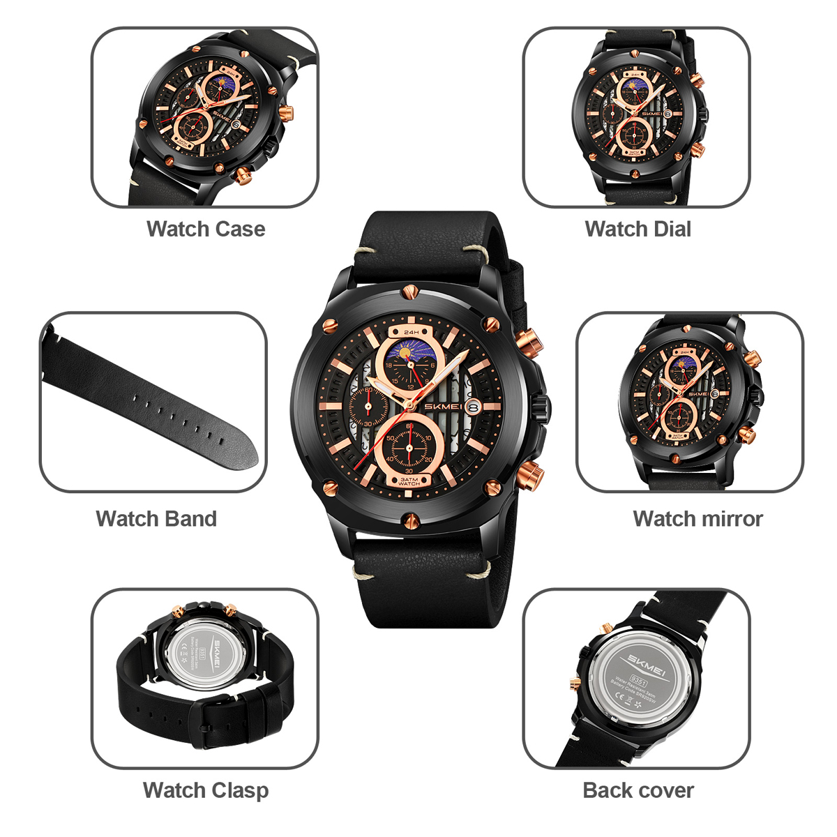 SKMEI 9351 Men's Multi-Function Quartz Watch Leather Strap 
