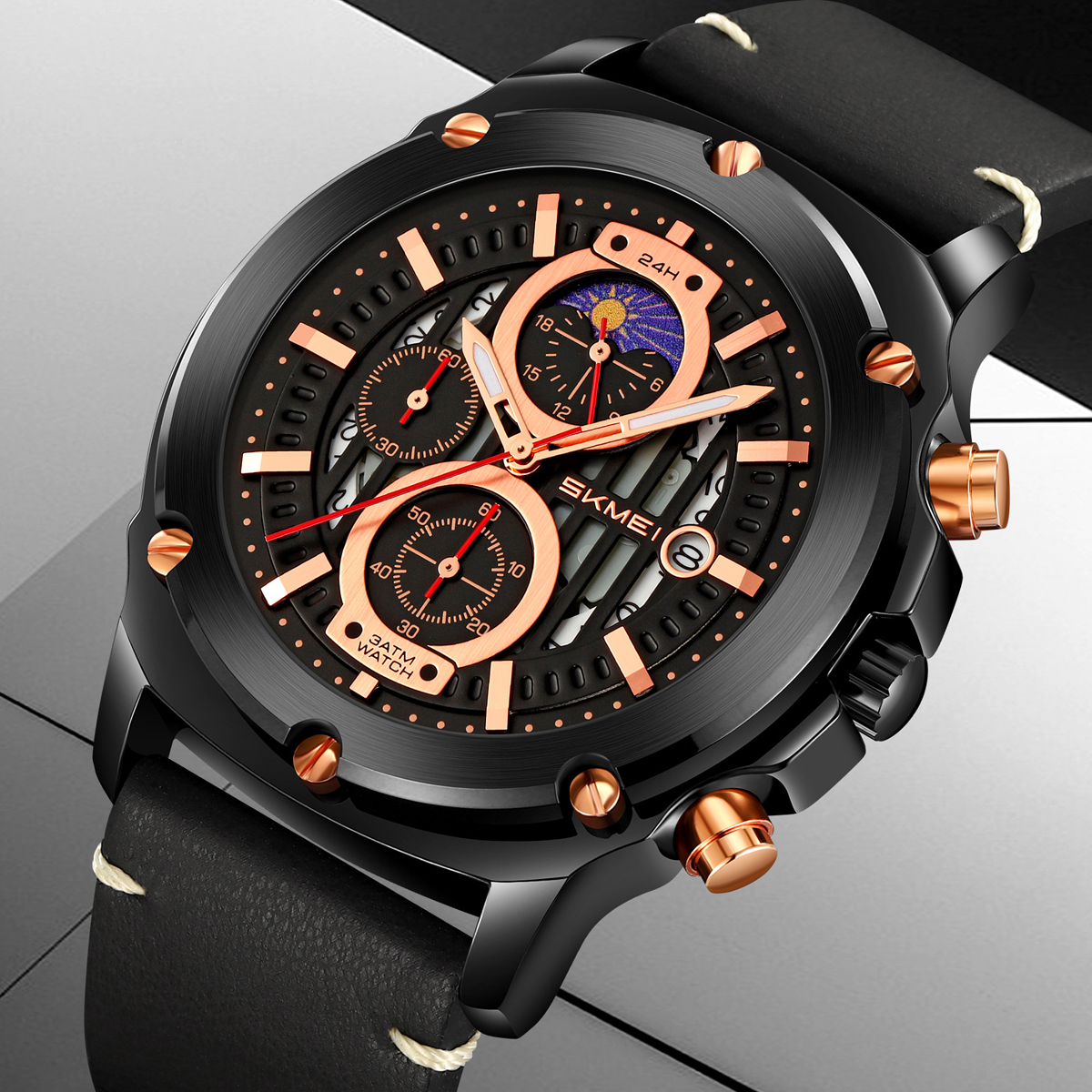 SKMEI 9351 Men's Multi-Function Quartz Watch Leather Strap 