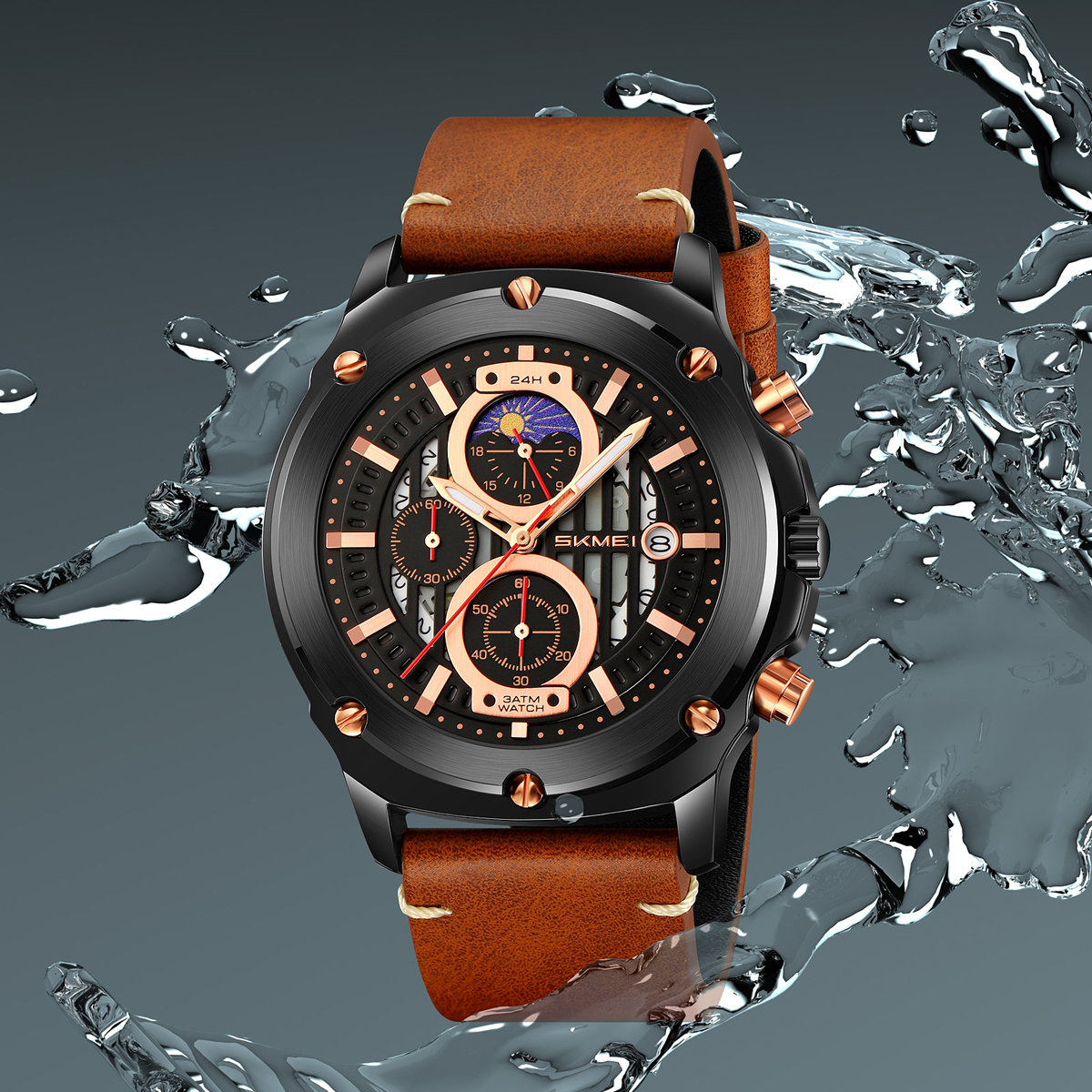 SKMEI 9351 Men's Multi-Function Quartz Watch Leather Strap 