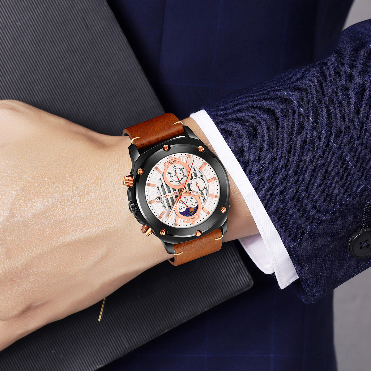 SKMEI 9351 Men's Multi-Function Quartz Watch Leather Strap 