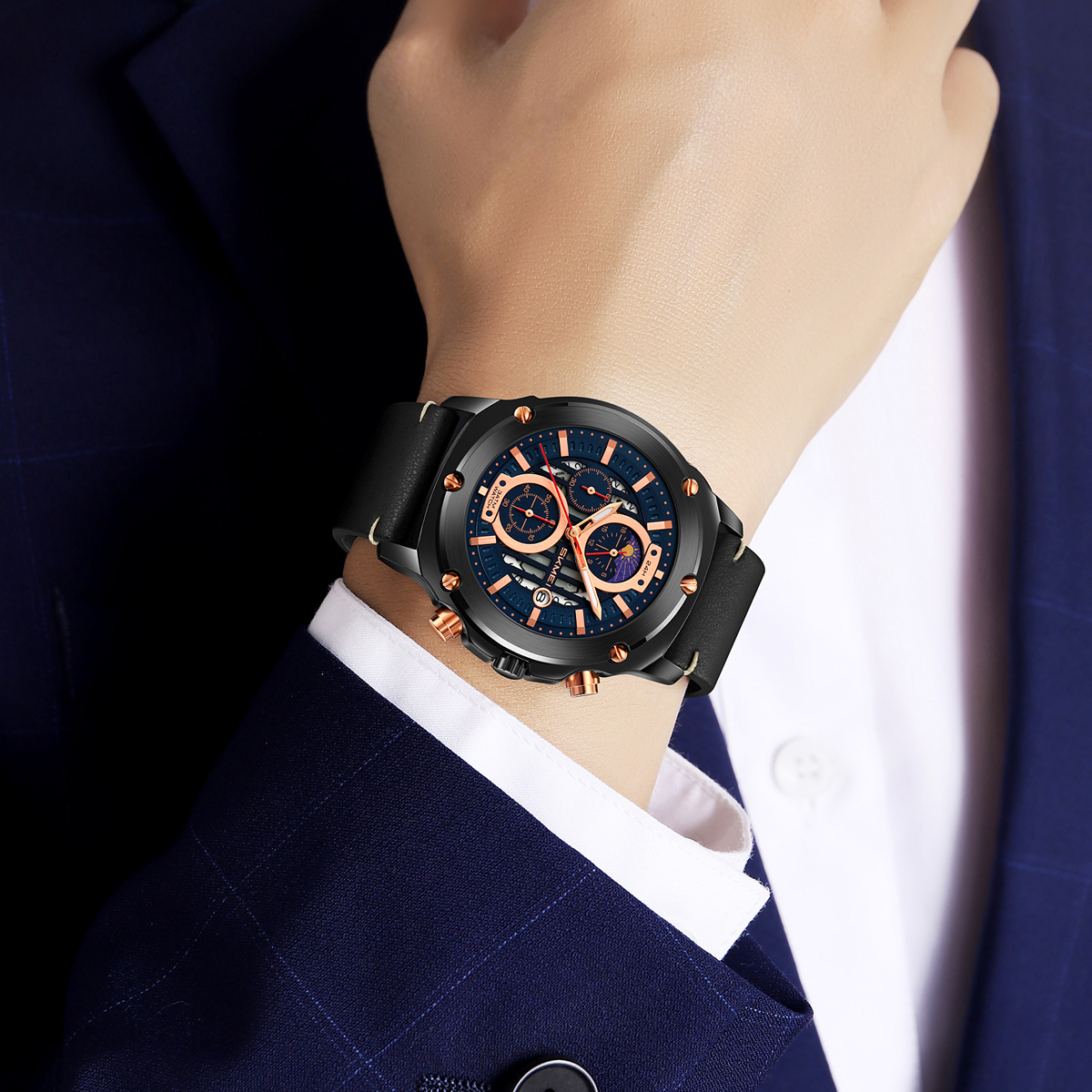 SKMEI 9351 Men's Multi-Function Quartz Watch Leather Strap 