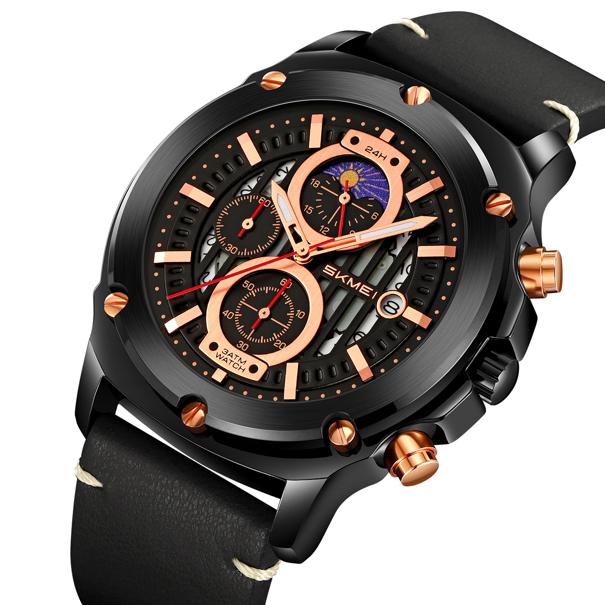 SKMEI 9351 Men's Multi-Function Quartz Watch Leather Strap 