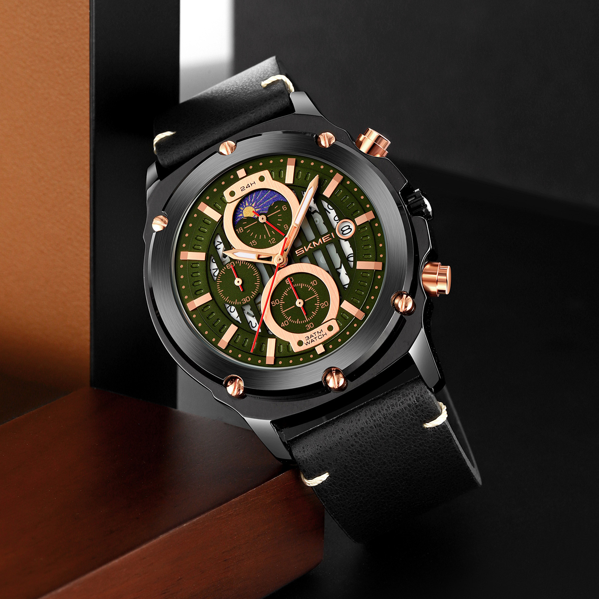 SKMEI 9351 Men's Multi-Function Quartz Watch Leather Strap 