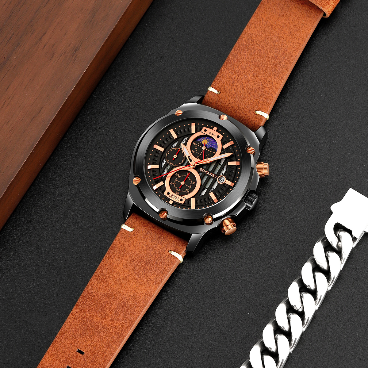 SKMEI 9351 Men's Multi-Function Quartz Watch Leather Strap 