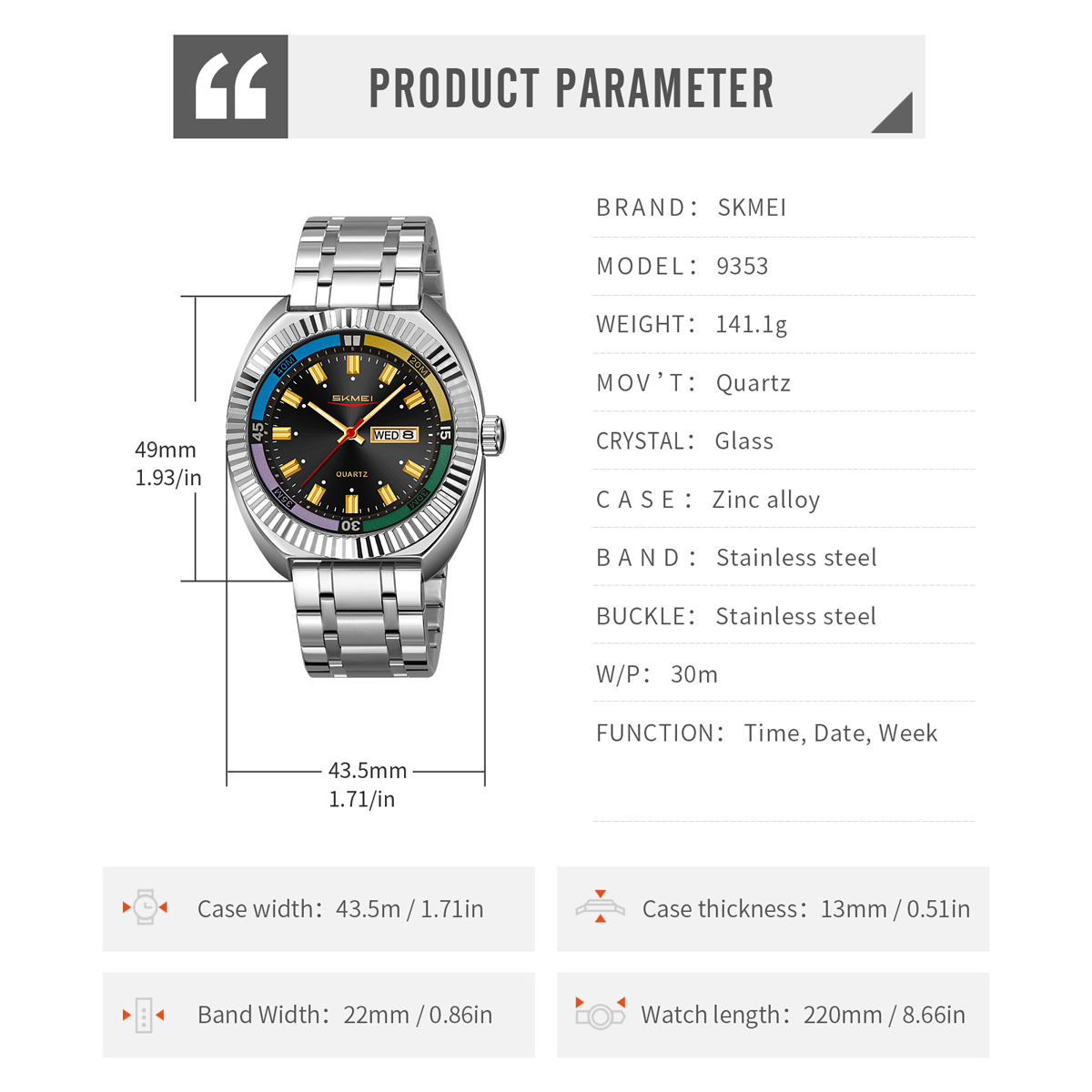 SKMEI 9353 stainless steel wrist quartz watches