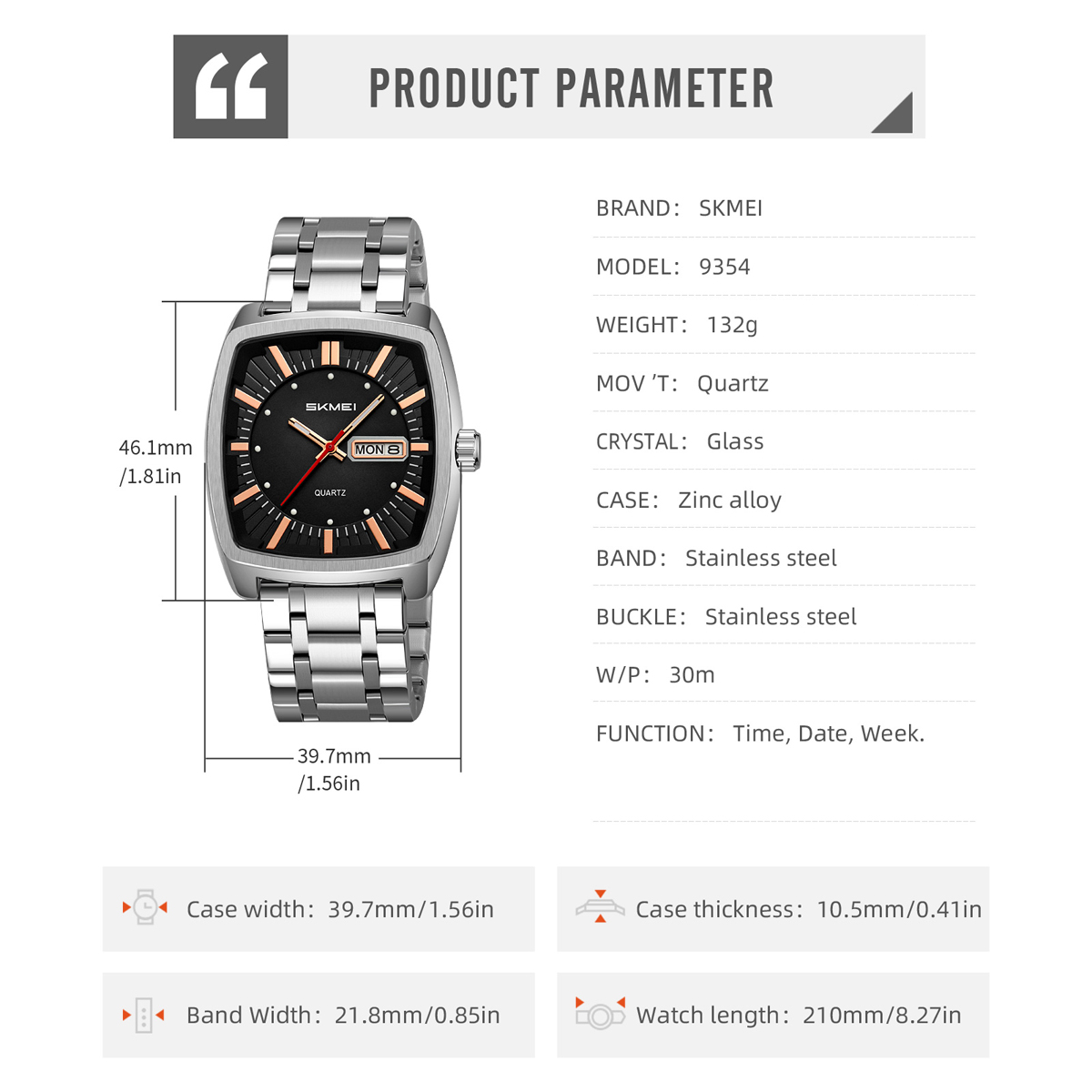 SKMEI 9354 Men Watches Square Dial Business Analog Quartz Watch