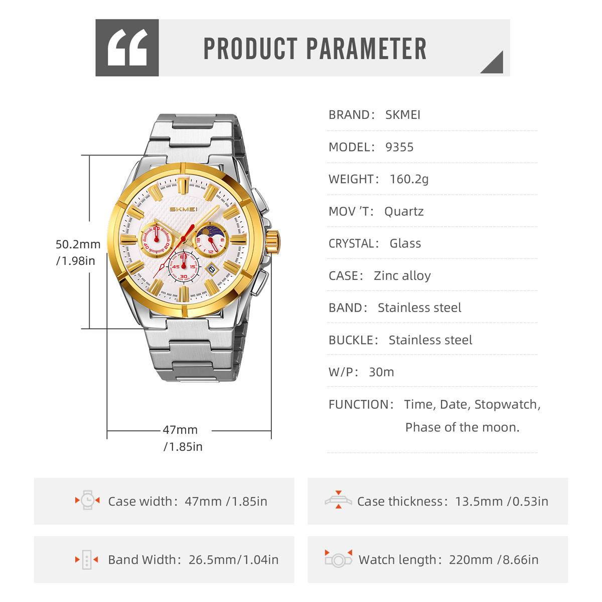 SKMEI 9355 Mens Watches Stainless Steel