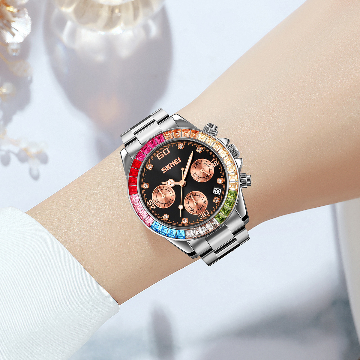 SKMEI 9367 Rhinestone Stainless Steel Water Resistant Quartz Watch