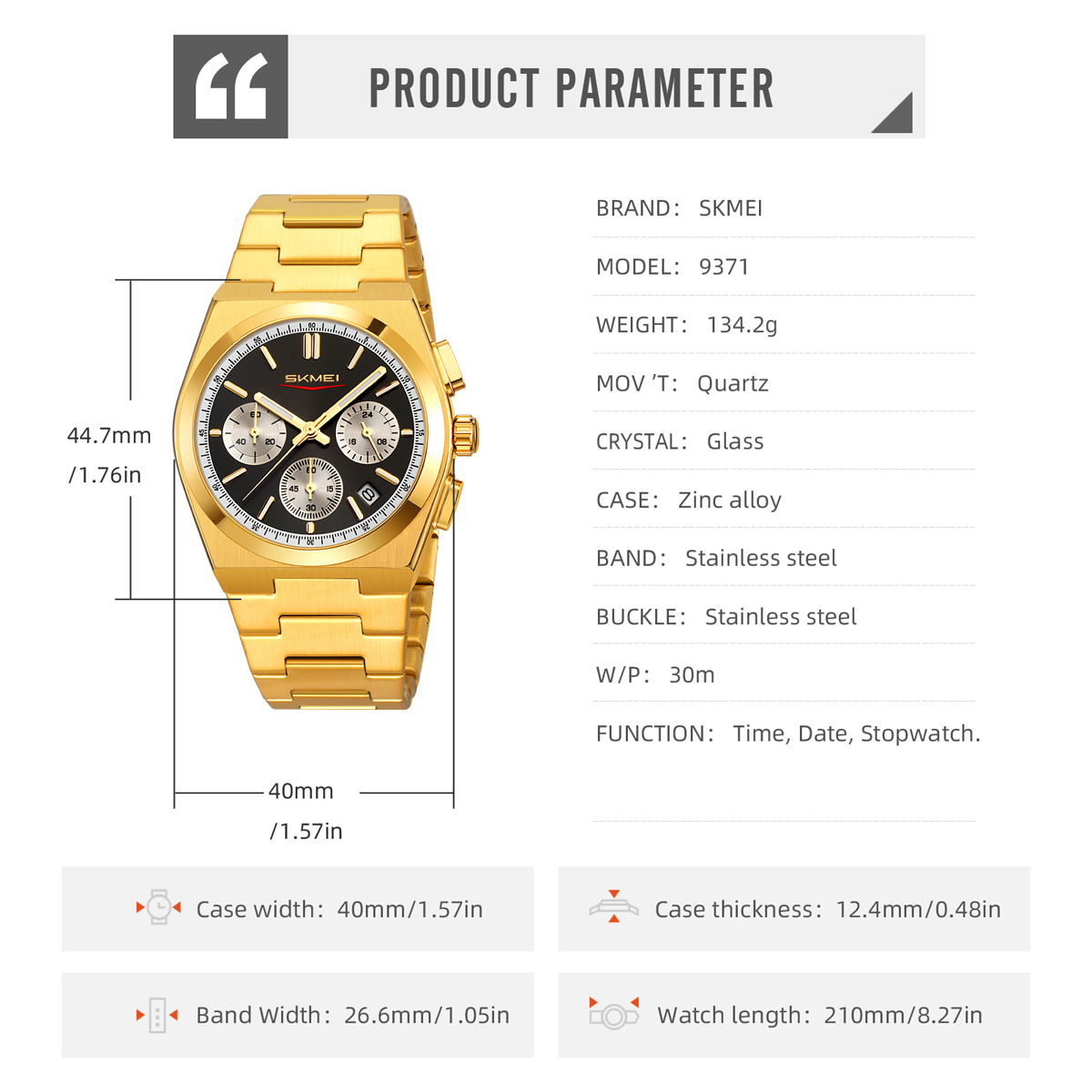 9371 Skmei Original Brand Chronograph Quartz Watch Stainless Steel