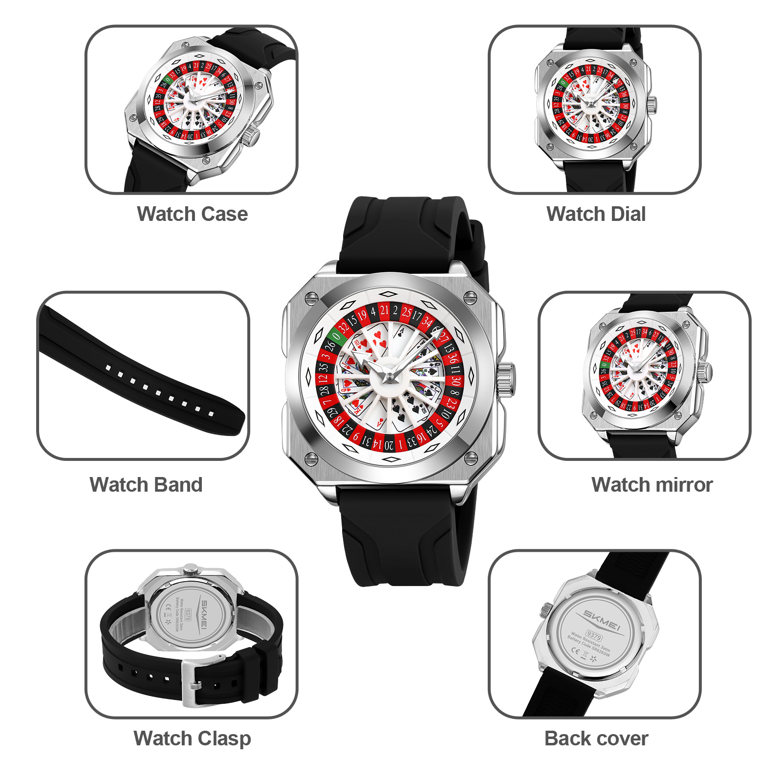 SKMEI 9379 Rotating Poker Dial Silicone Wrist Watches Quartz Waterproof Men Watch