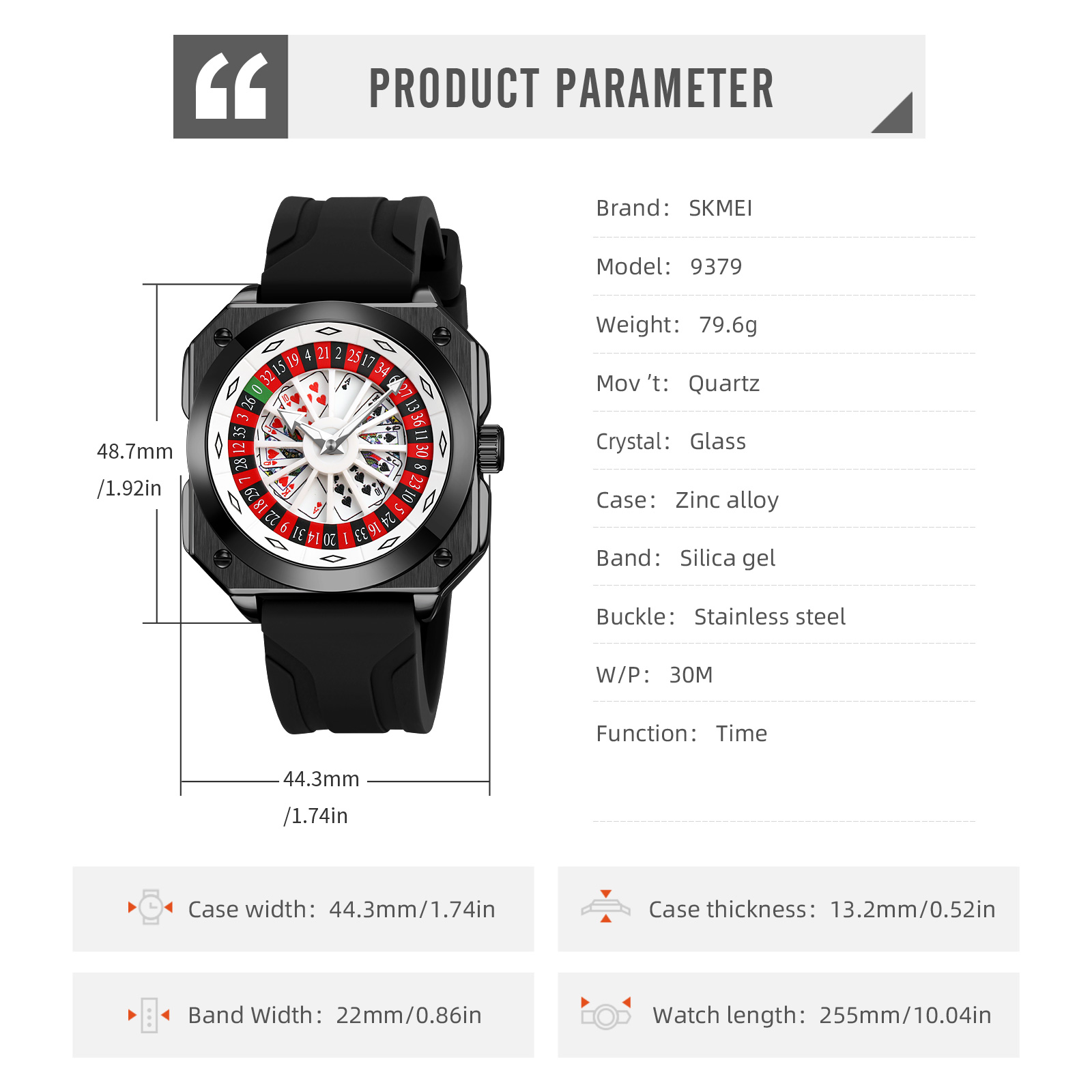 SKMEI 9379 Rotating Poker Dial Silicone Wrist Watches Quartz Waterproof Men Watch