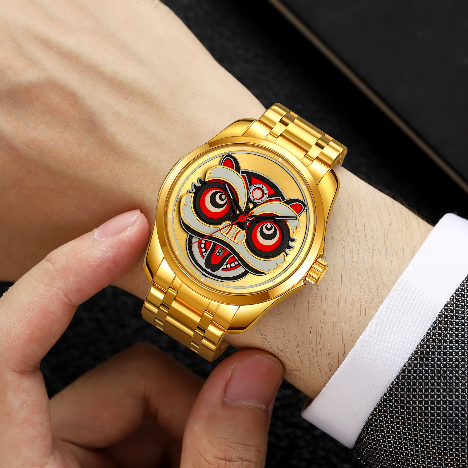 SKMEI 9386 Men Chinese Lion Dance Carved Dial Quartz Watch