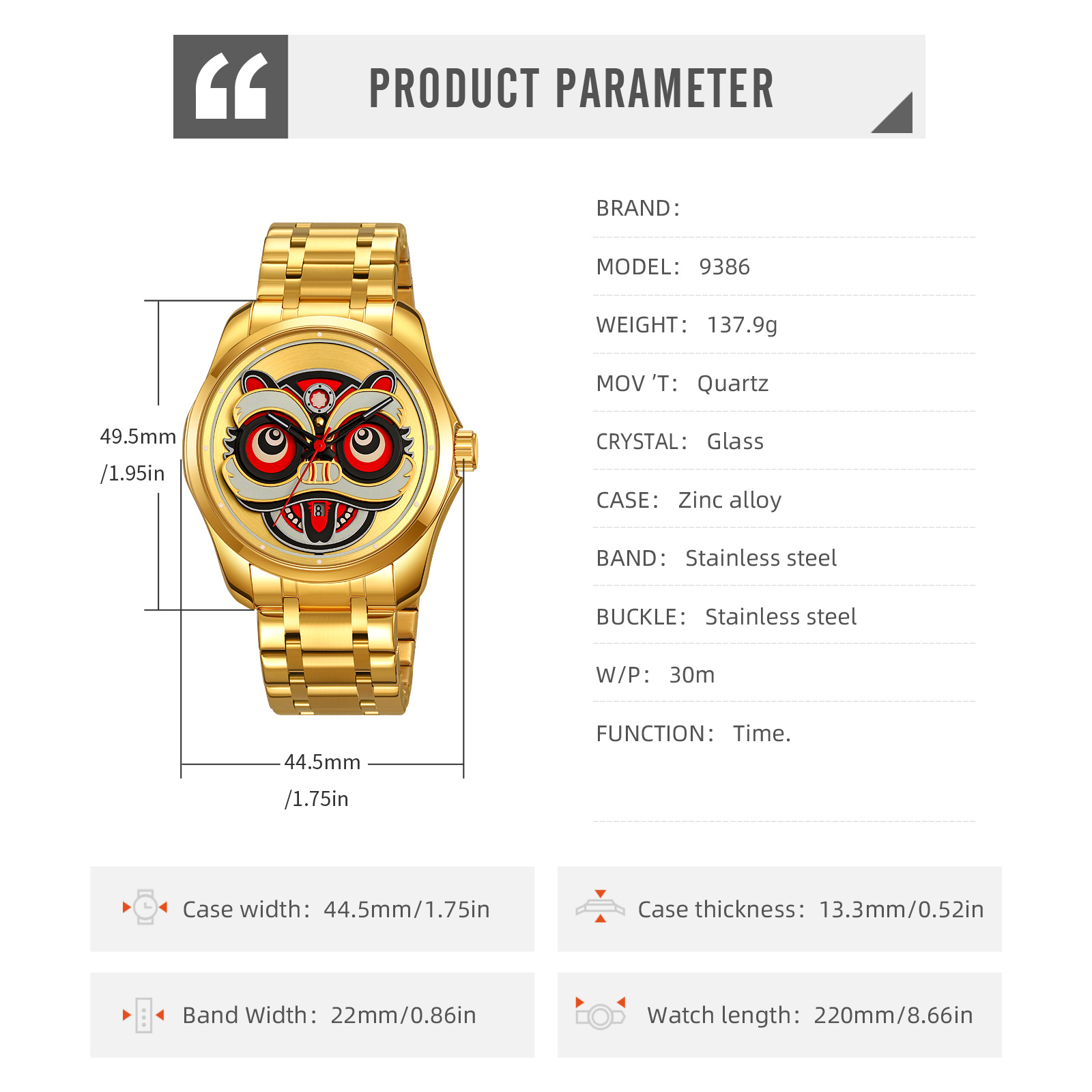 SKMEI 9386 Men Chinese Lion Dance Carved Dial Quartz Watch