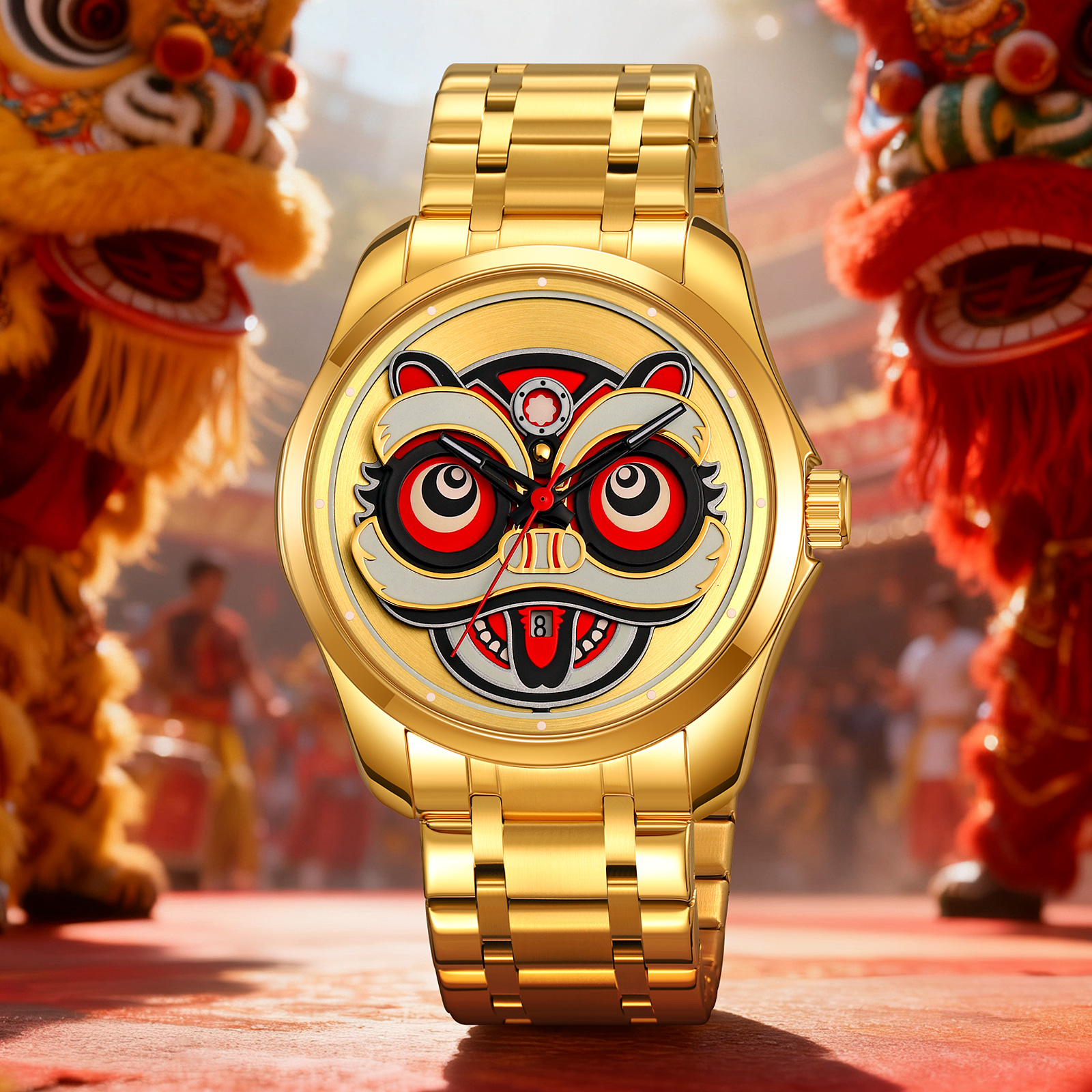 SKMEI 9386 Men Chinese Lion Dance Carved Dial Quartz Watch