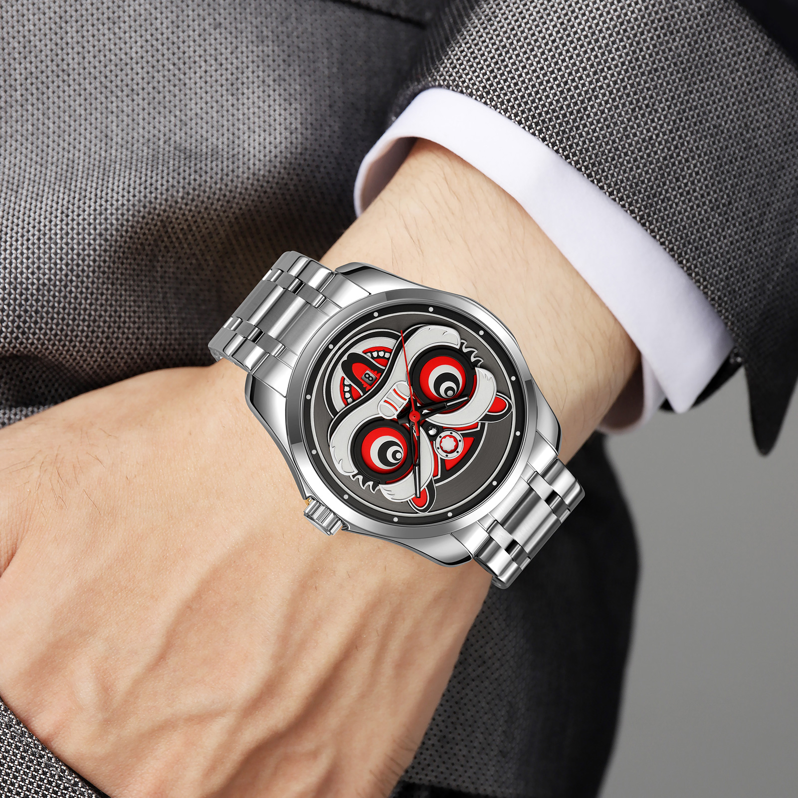 SKMEI 9386 Men Chinese Lion Dance Carved Dial Quartz Watch