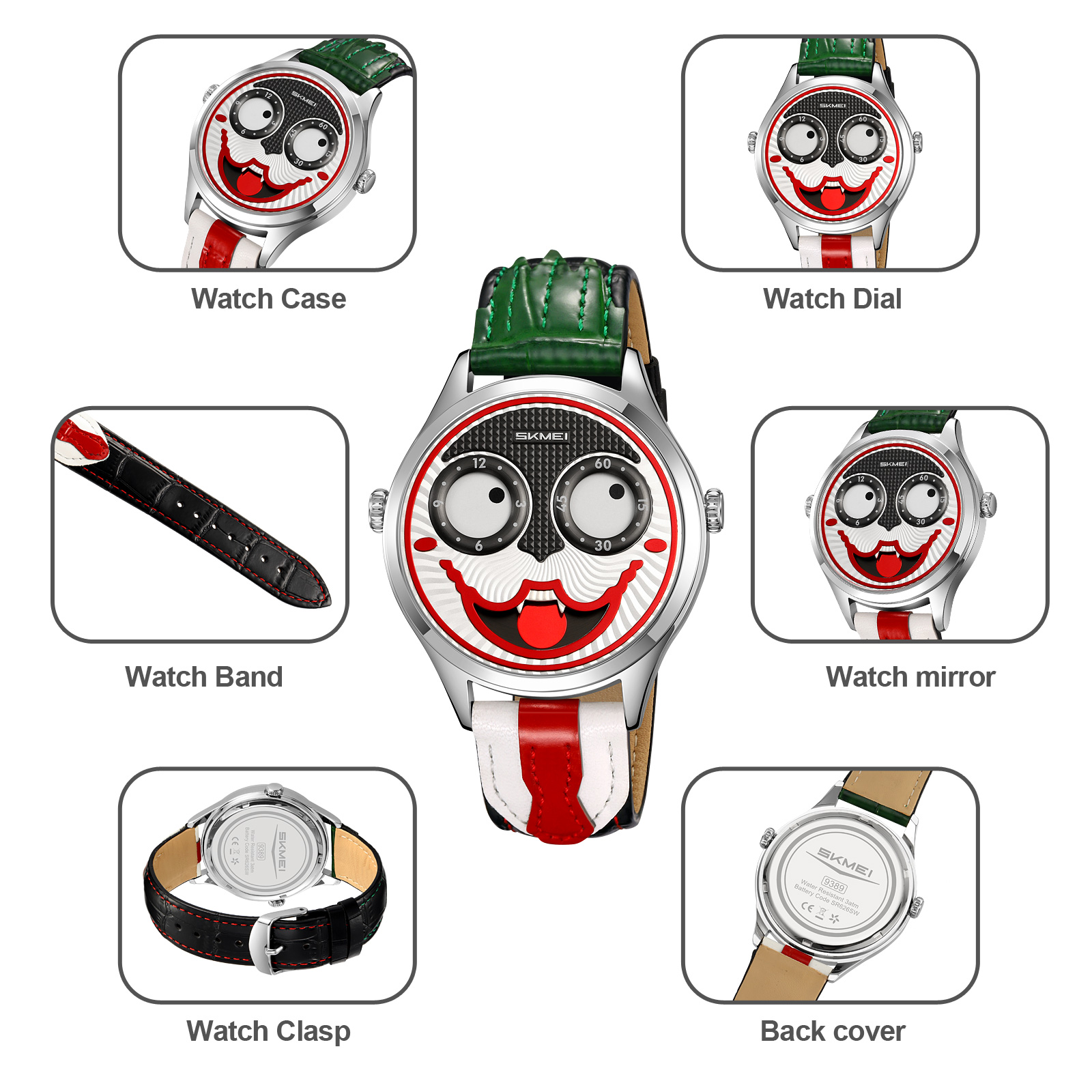 SKMEI 9389 Men's Leather Watch Whimsical Design Clown Dial  
