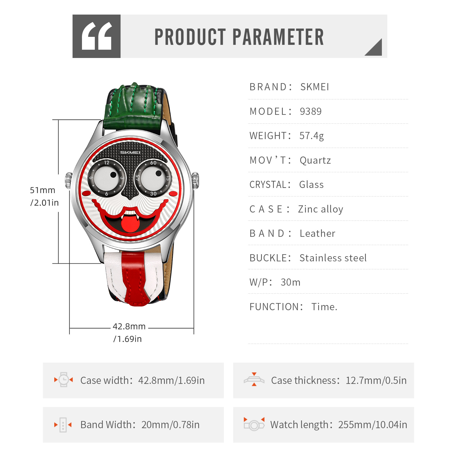 SKMEI 9389 Men's Leather Watch Whimsical Design Clown Dial  