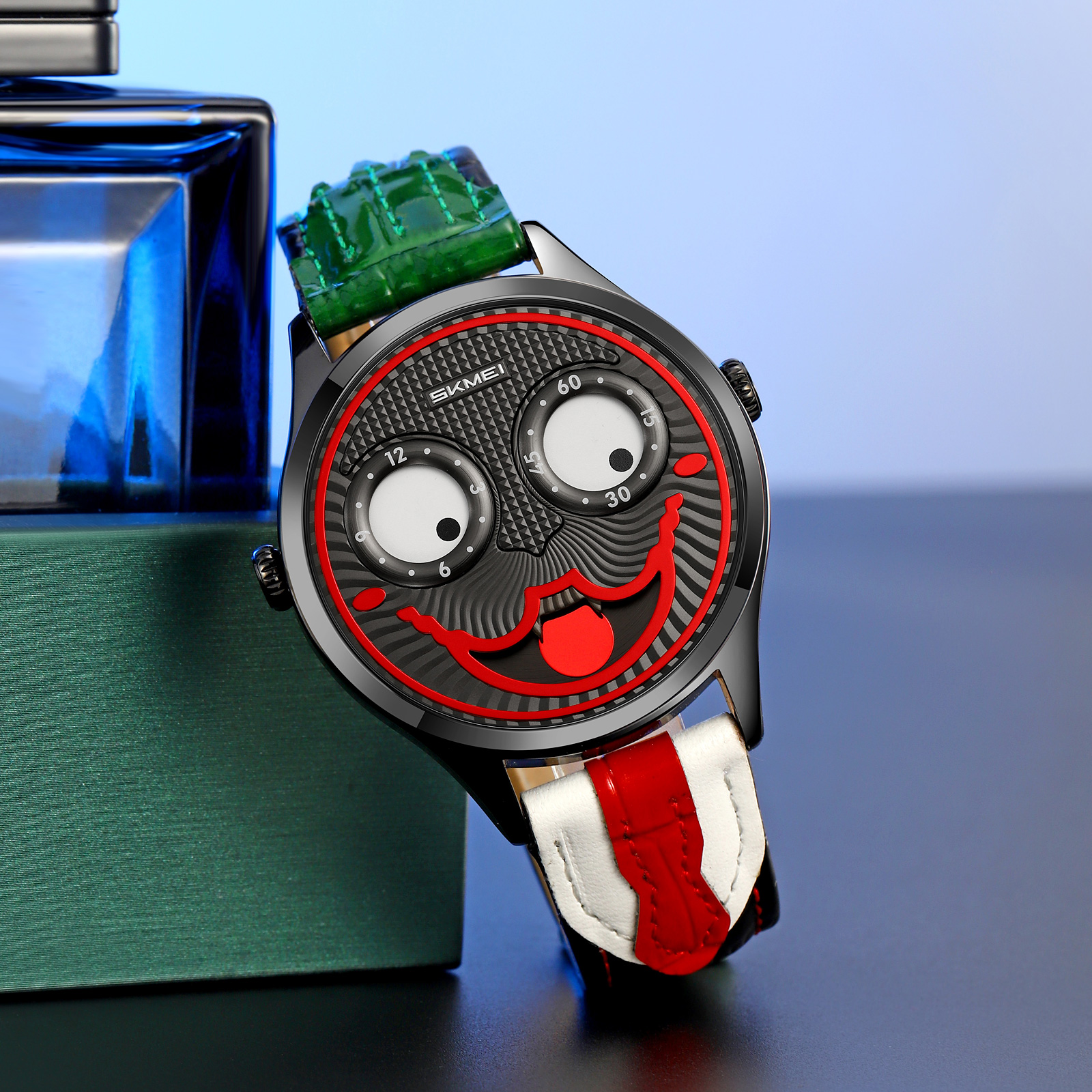 SKMEI 9389 Men's Leather Watch Whimsical Design Clown Dial  