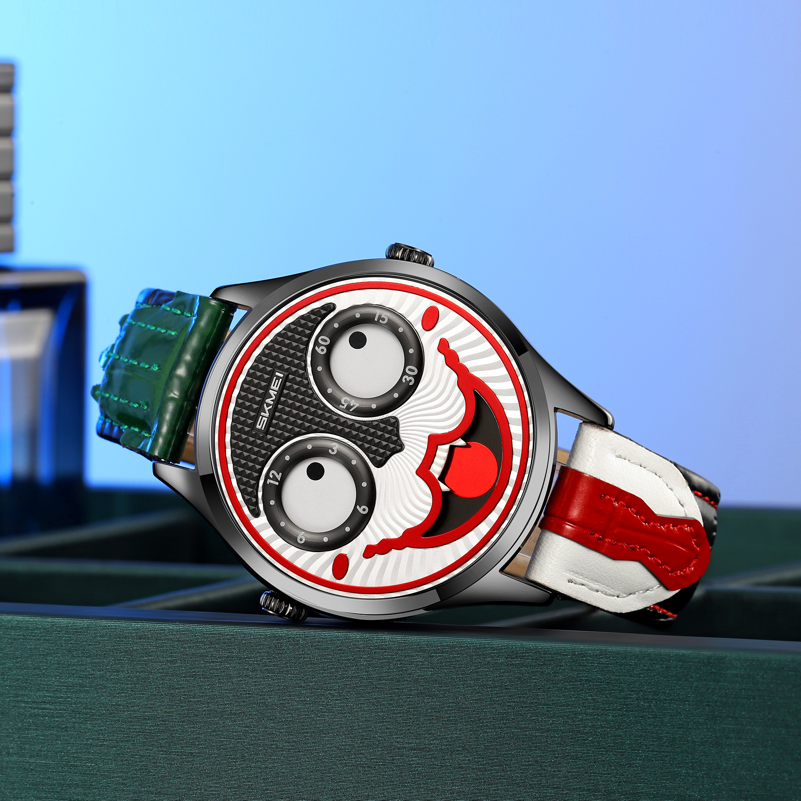 SKMEI 9389 Men's Leather Watch Whimsical Design Clown Dial  