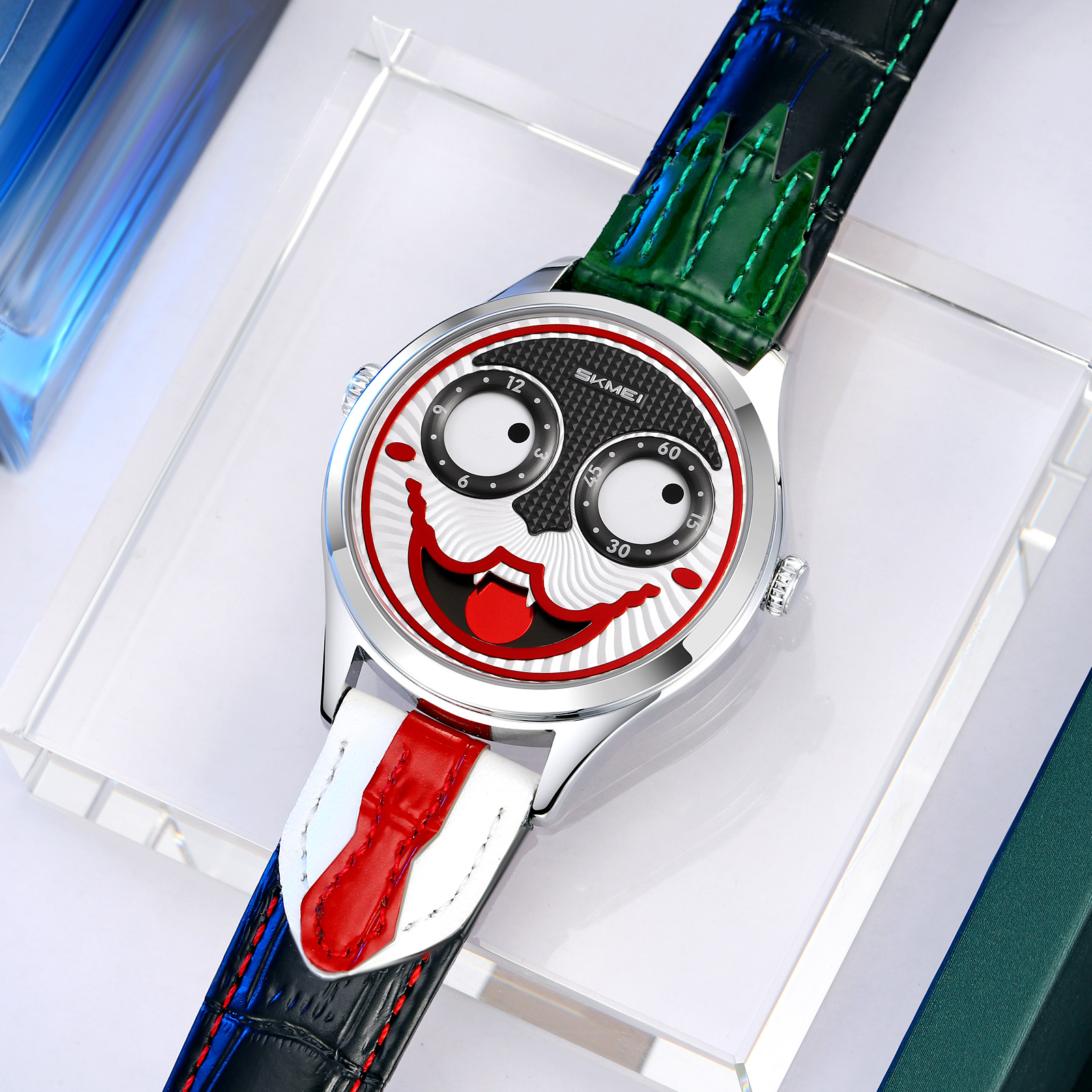 SKMEI 9389 Men's Leather Watch Whimsical Design Clown Dial  