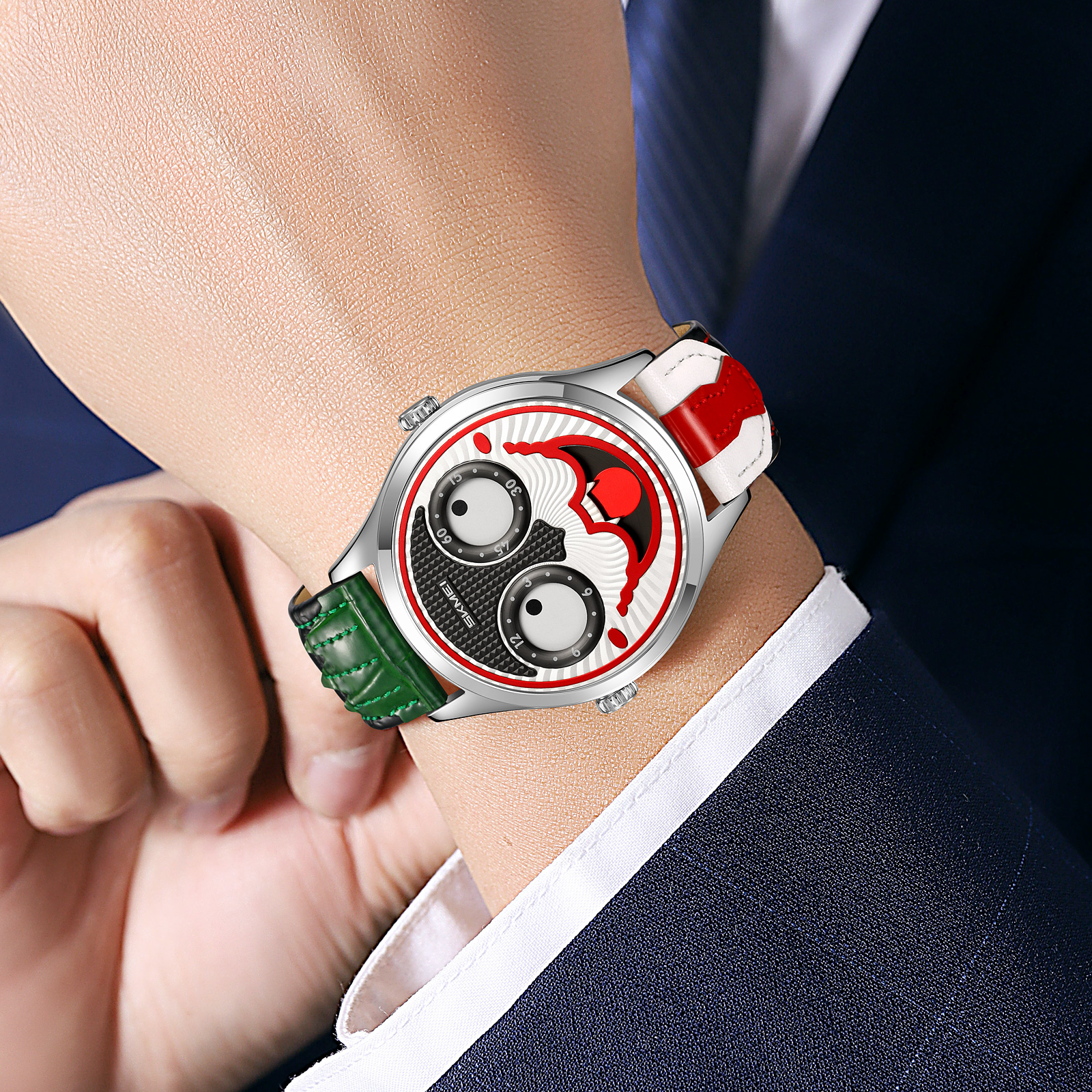 SKMEI 9389 Men's Leather Watch Whimsical Design Clown Dial  