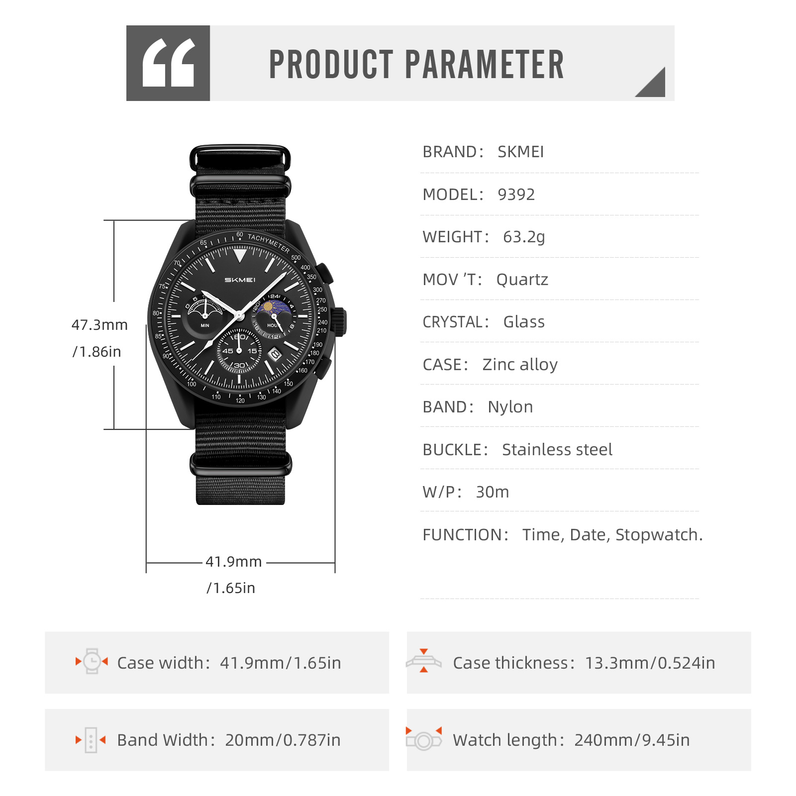 SKMEI Model 9392 Moon Phase Casual Quartz Watches