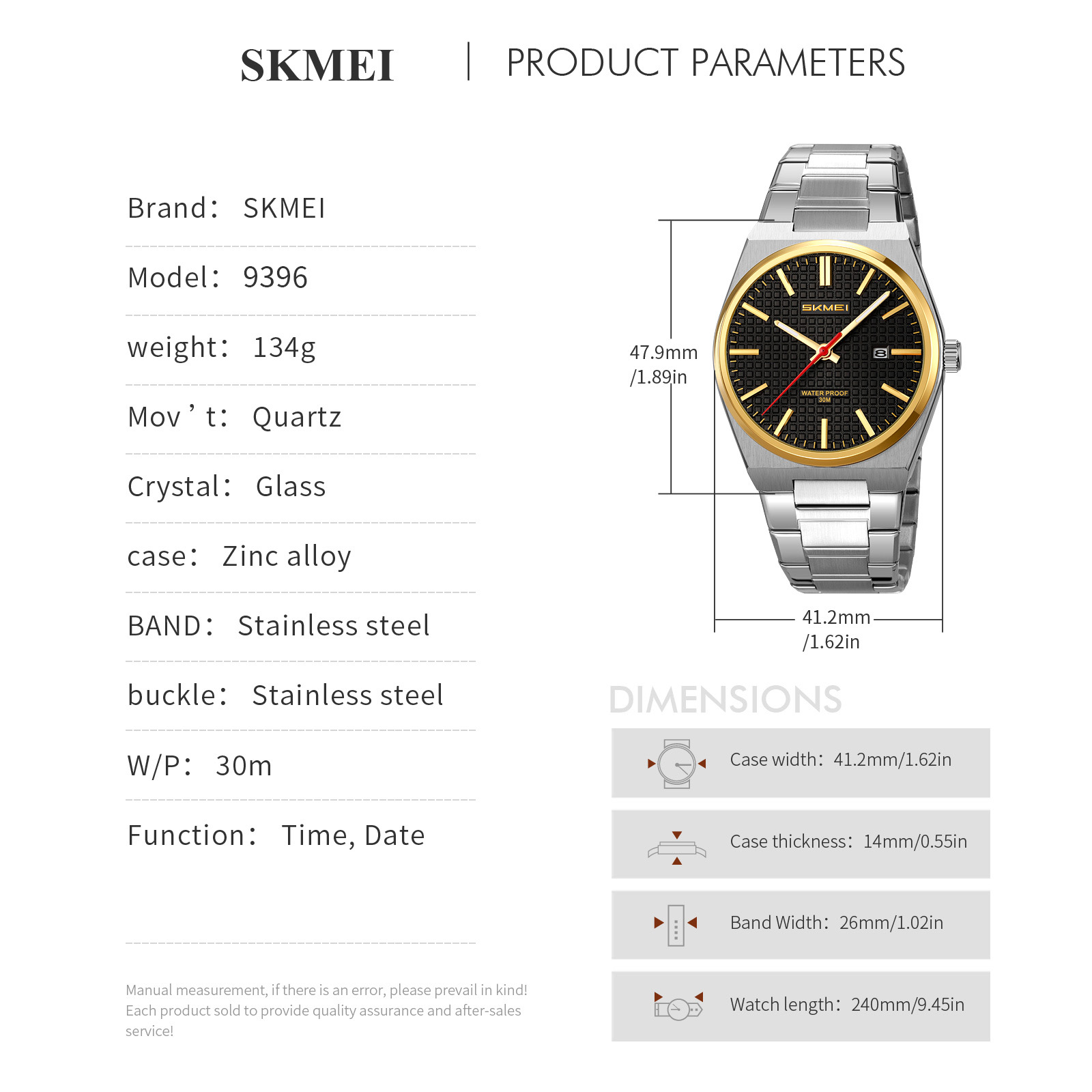 SKMEI 9396 Elegant Factory Stainless Steel Quartz Watch Men's Gift Wrist Watches