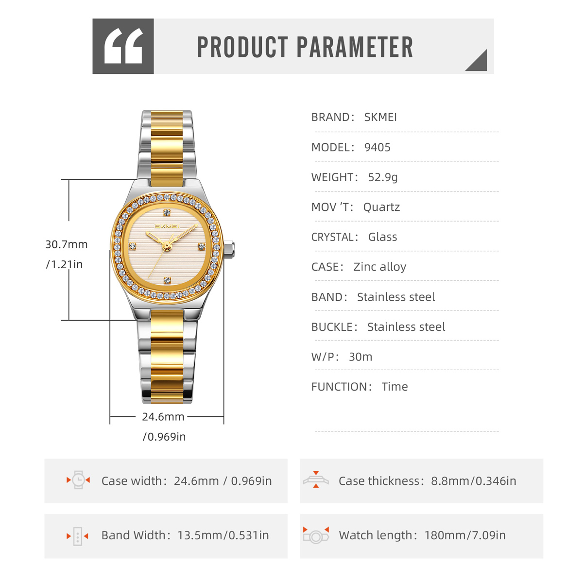 SKMEI 9405 Ladies Octagon Crystal Rhinestone Bezel Women Wrist Watch