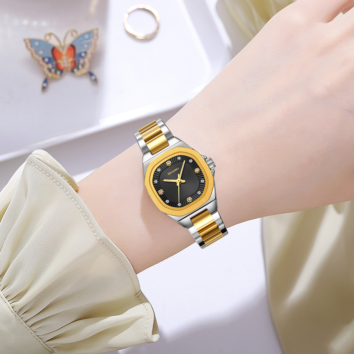 SKMEI 9408 Ladies Square Octagon Stainless Steel Bracelet Quartz Watch