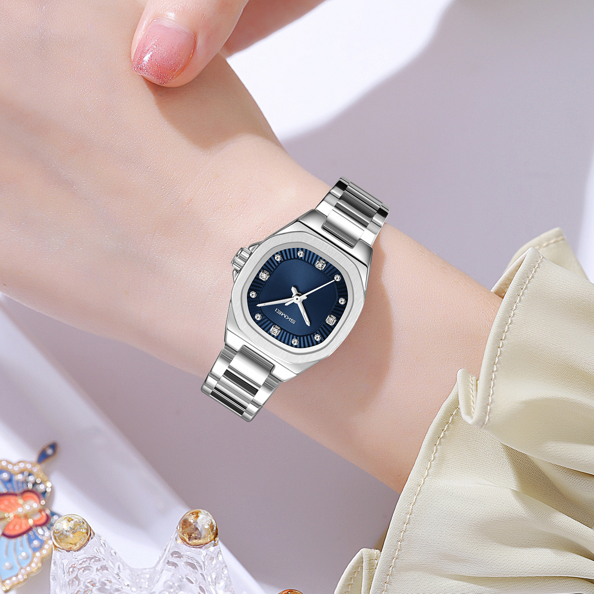 SKMEI 9408 Ladies Square Octagon Stainless Steel Bracelet Quartz Watch